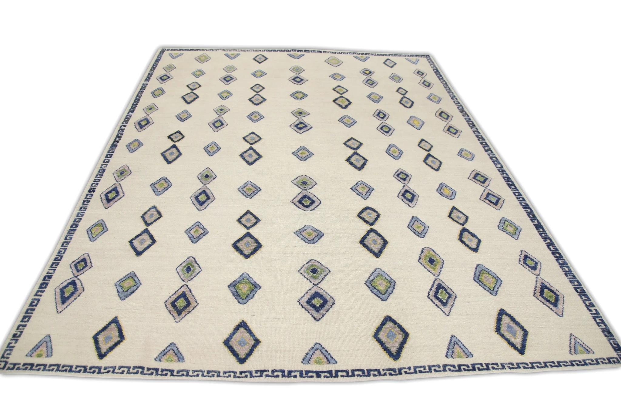 Türkischer handgefertigter Wollteppich Flachgewebe Blau Rosa Geometrischer Kilim 9'3
