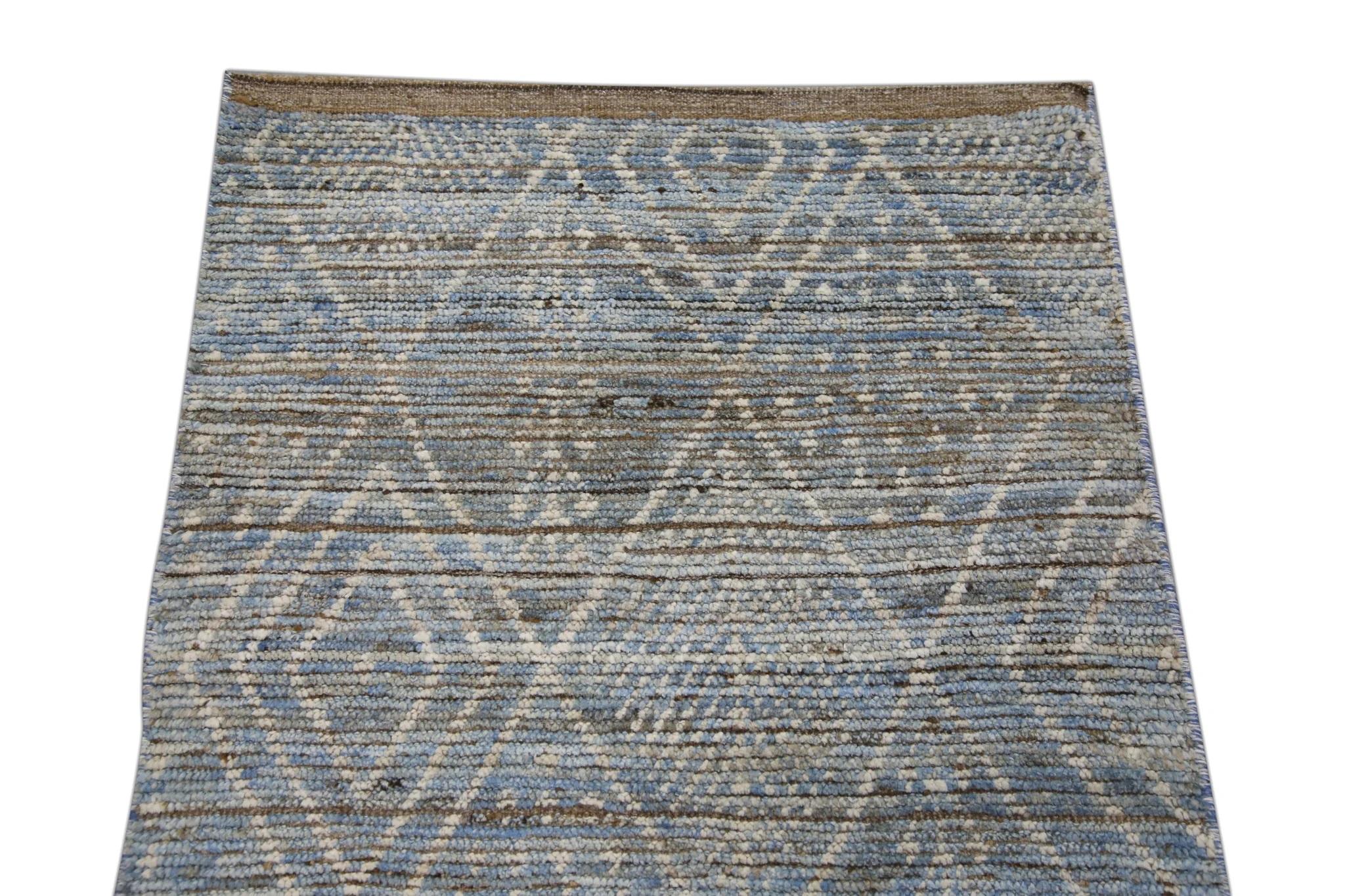 Moderno Tappeto turco fatto a mano in lana moderno marrone blu Tulu Runner 2'9