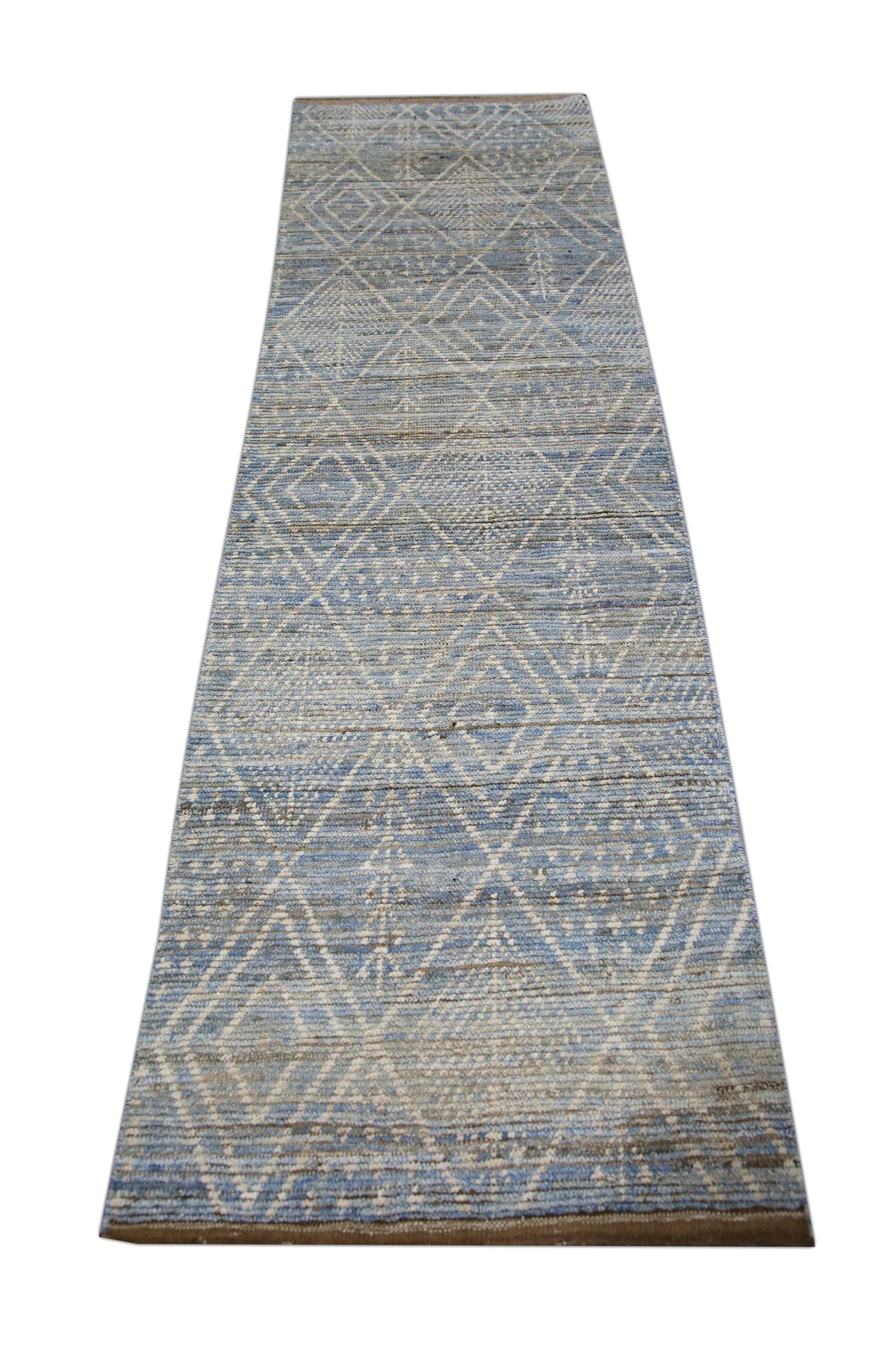 Tintura vegetale Tappeto turco fatto a mano in lana moderno marrone blu Tulu Runner 2'9