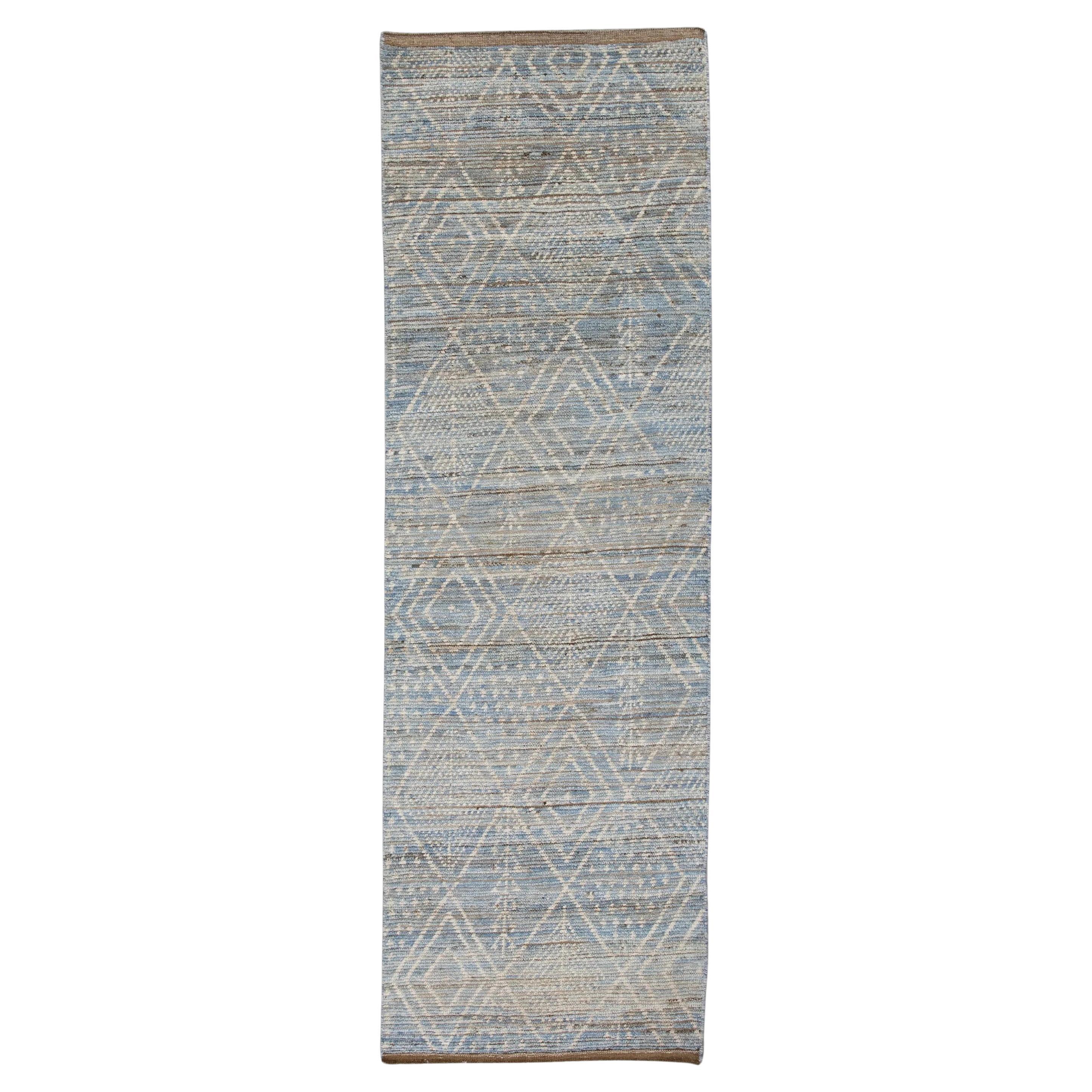 Alfombra turca hecha a mano de lana Moderna Marrón Azul Tulu Runner 2'9" x 9'7"