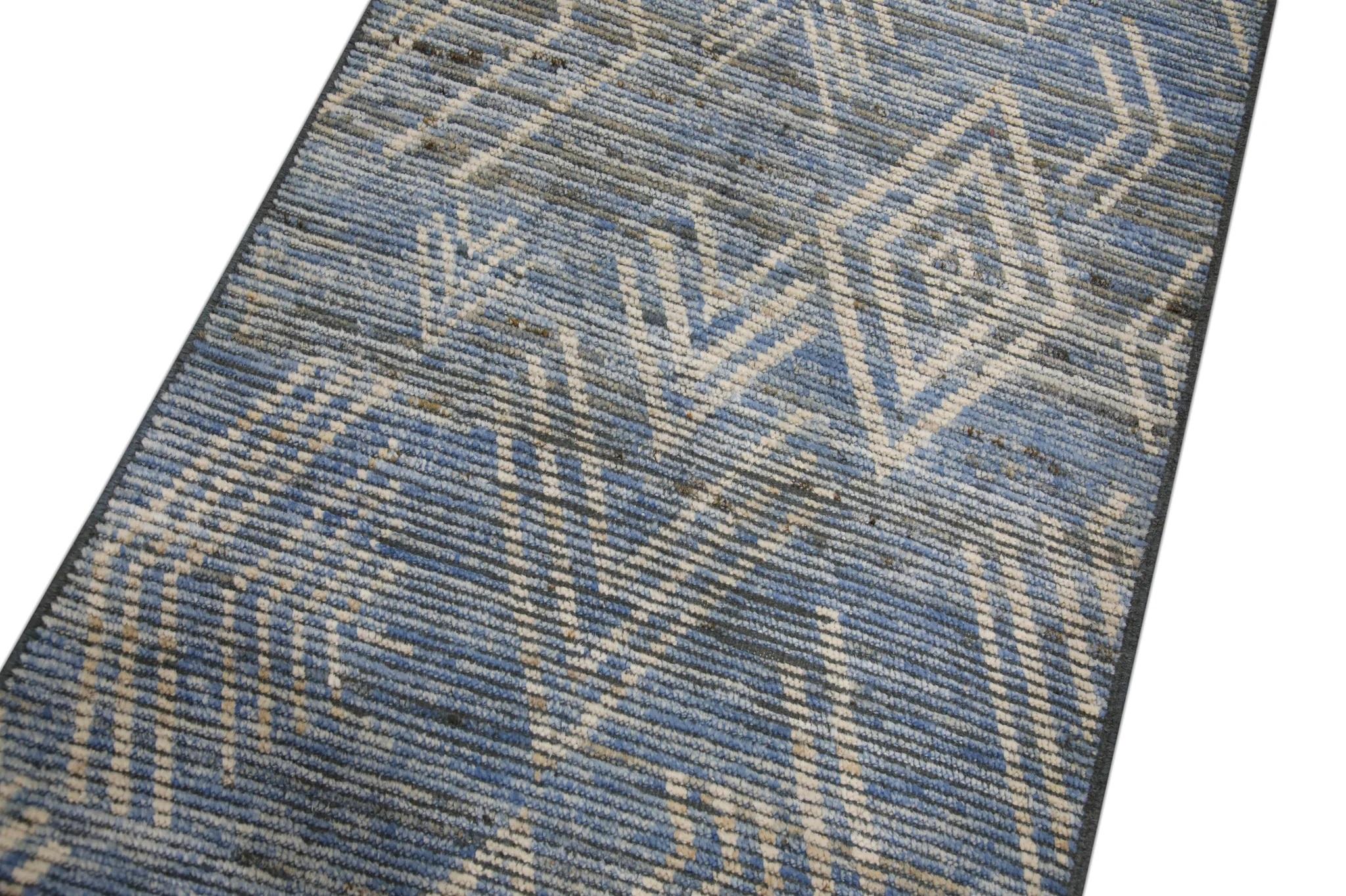 Türkischer handgefertigter Wollteppich Tulu Runner Brown Blue Geometric Design 2'10