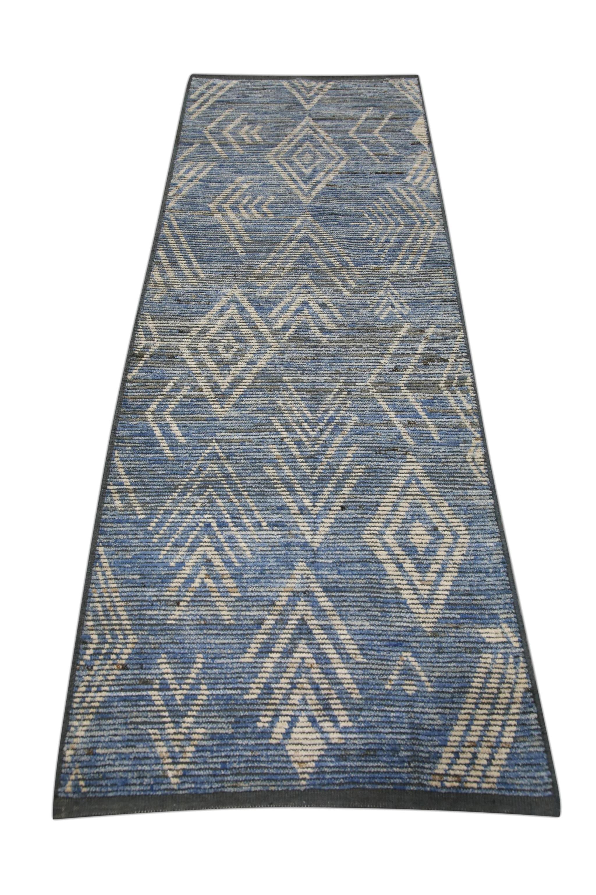Türkischer handgefertigter Wollteppich Tulu Runner Brown Blue Geometric Design 2'10