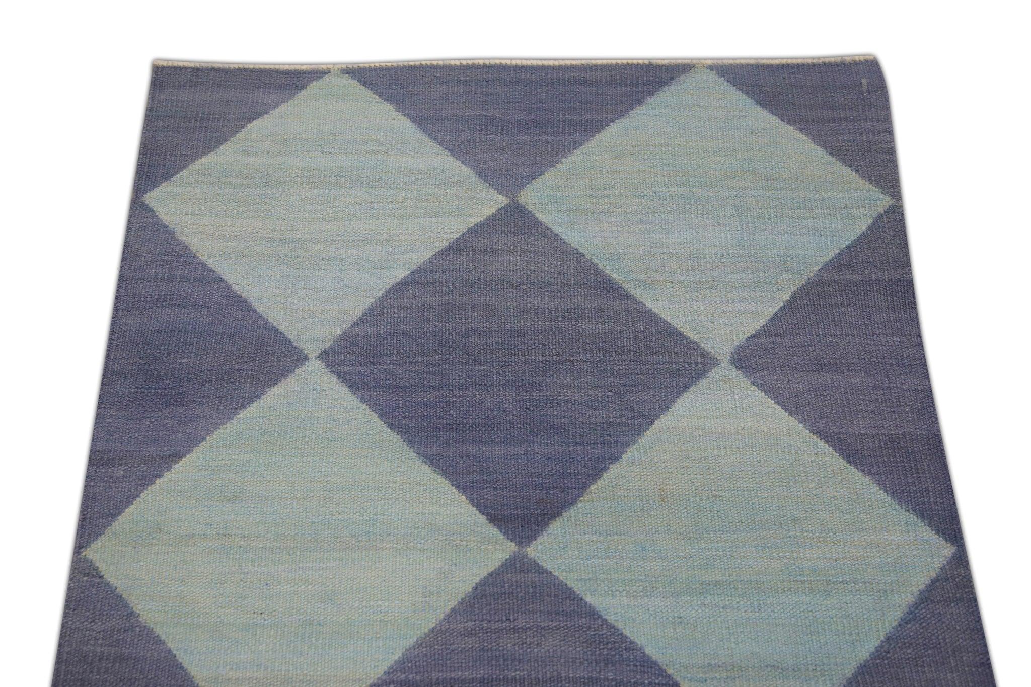 Türkischer handgefertigter Woll-Läufer-Kelim-Teppich in Blau mit Flachgewebe 2'10