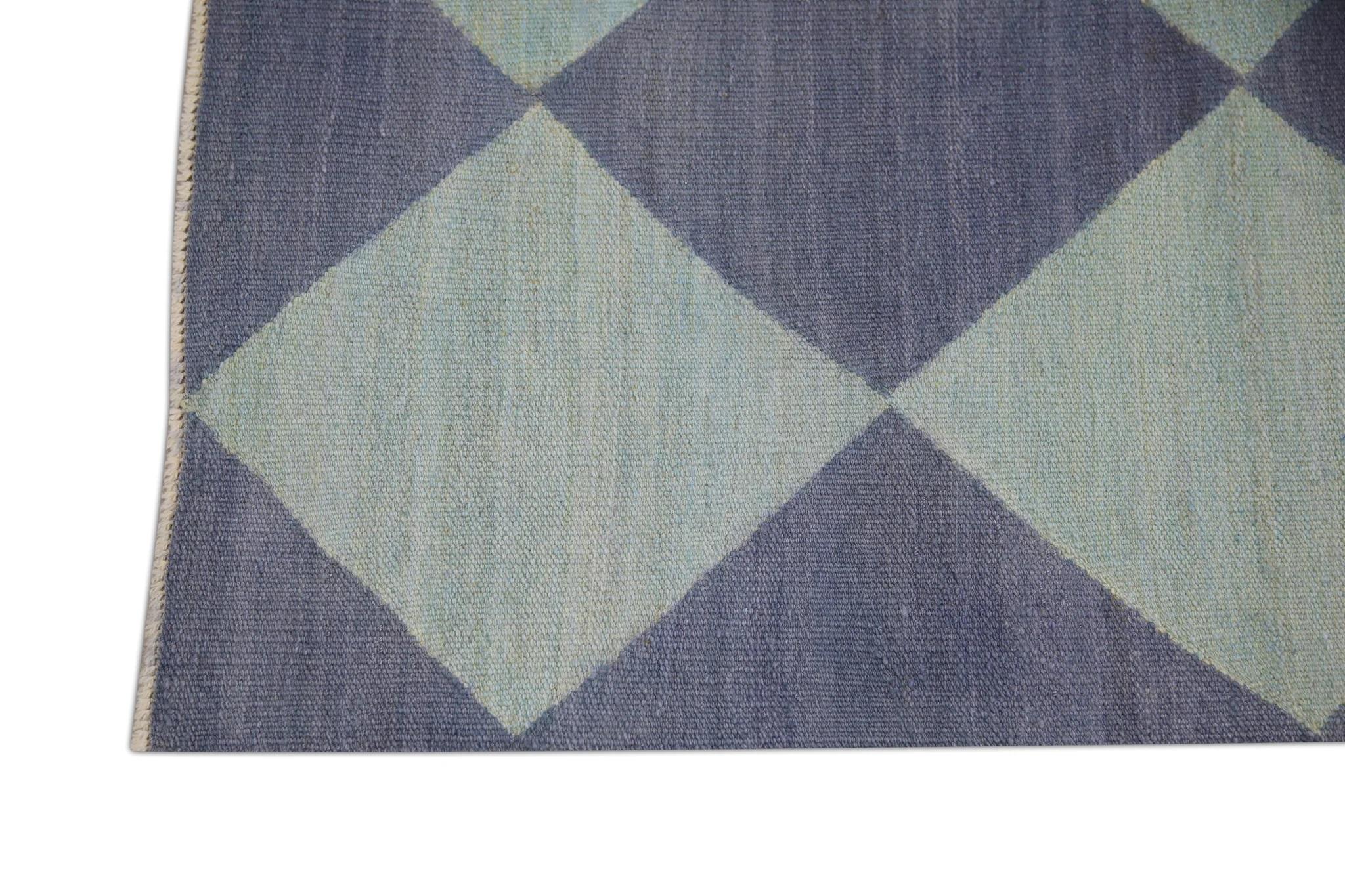 Türkischer handgefertigter Woll-Läufer-Kelim-Teppich in Blau mit Flachgewebe 2'10