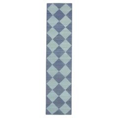 Alfombra Kilim de lana turca hecha a mano Tejido Plano Azul 2'10" X 12'6
