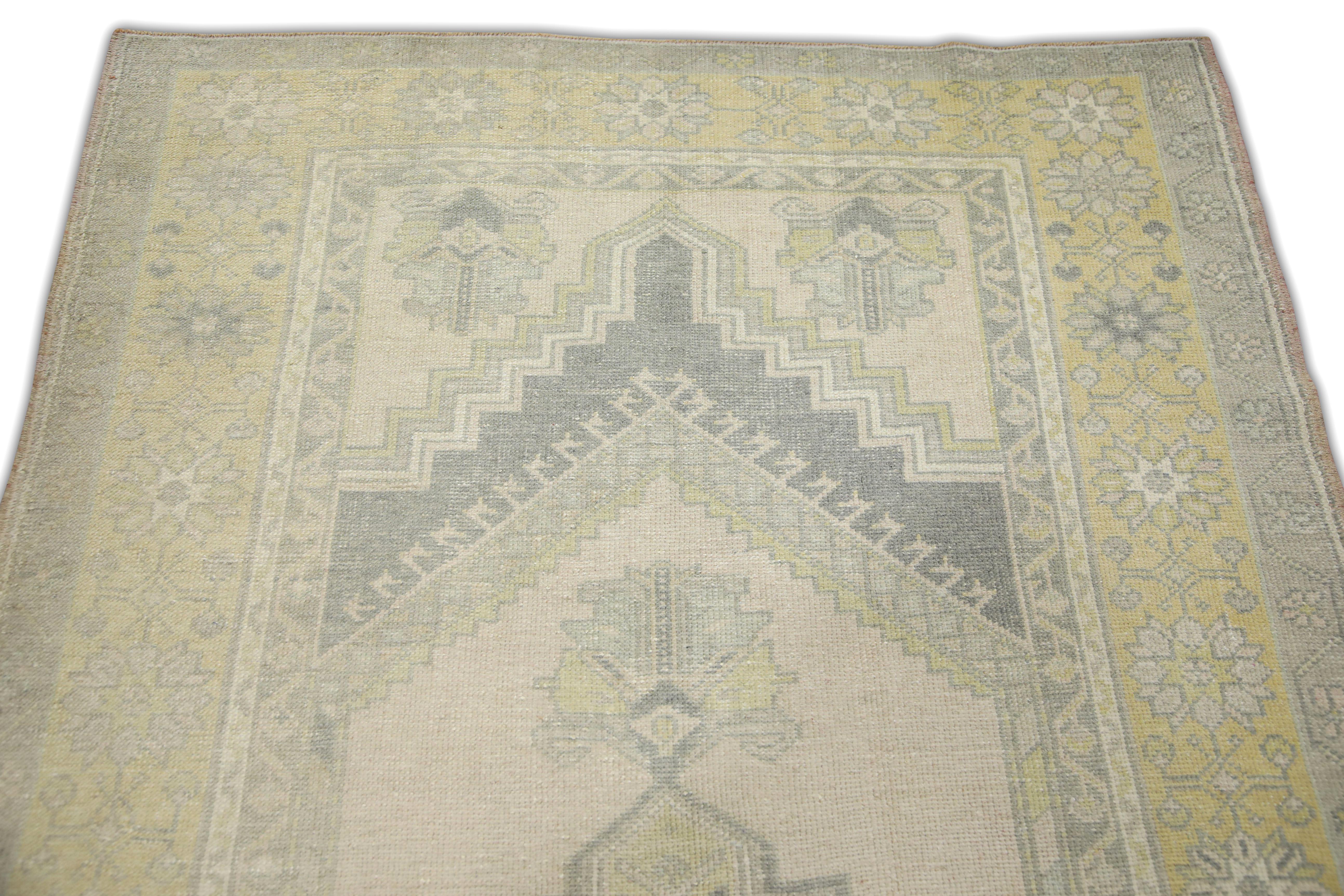 Modern Turkish Handwoven Wool Rug Gray & Beige Vintage Rug 4' x 7'3