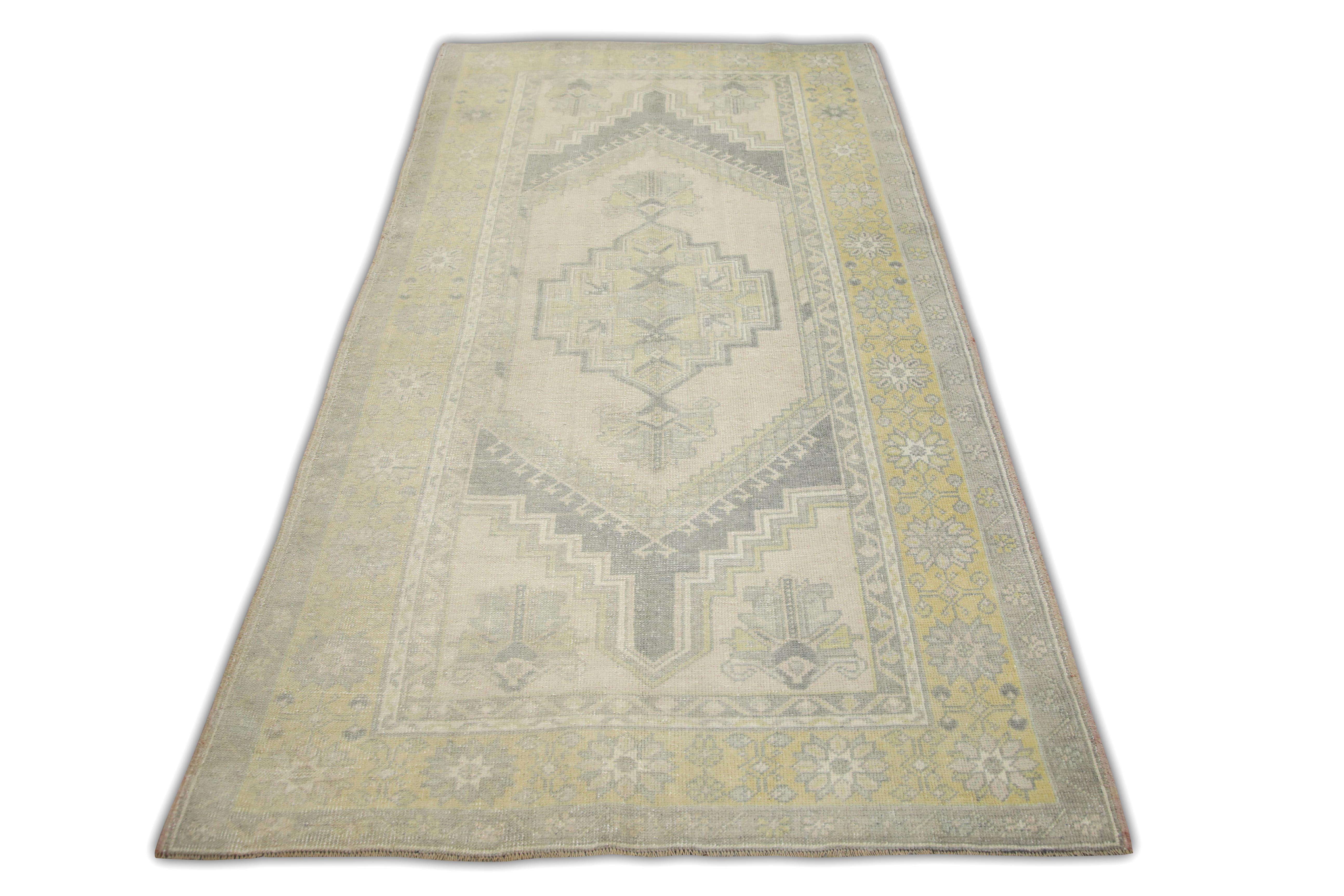 Turkish Handwoven Wool Rug Gray & Beige Vintage Rug 4' x 7'3