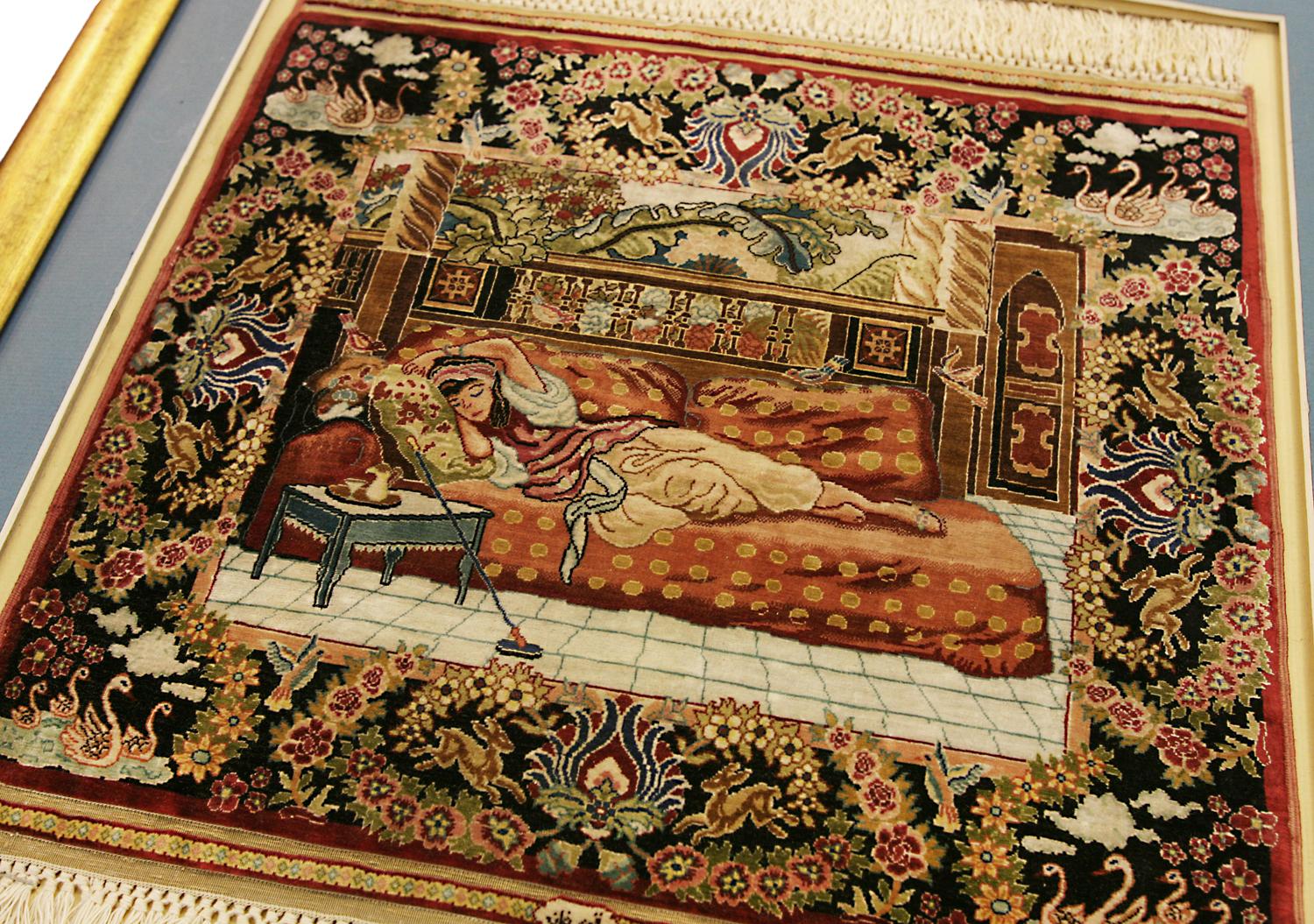 Other Turkish Hereke Lady Resting On a Chaise Lounge Couch Design Silk Rug, 1970-2000 For Sale