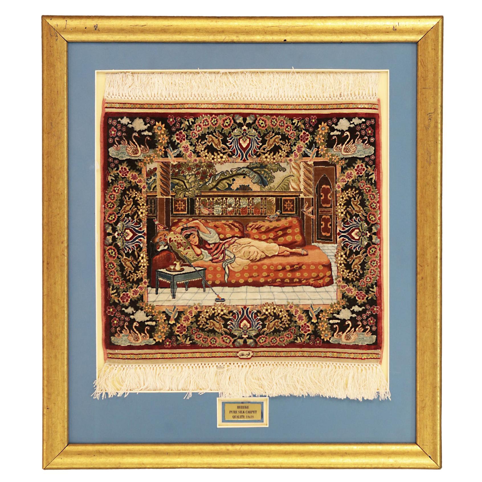Turkish Hereke Lady Resting On a Chaise Lounge Couch Design Silk Rug, 1970-2000
