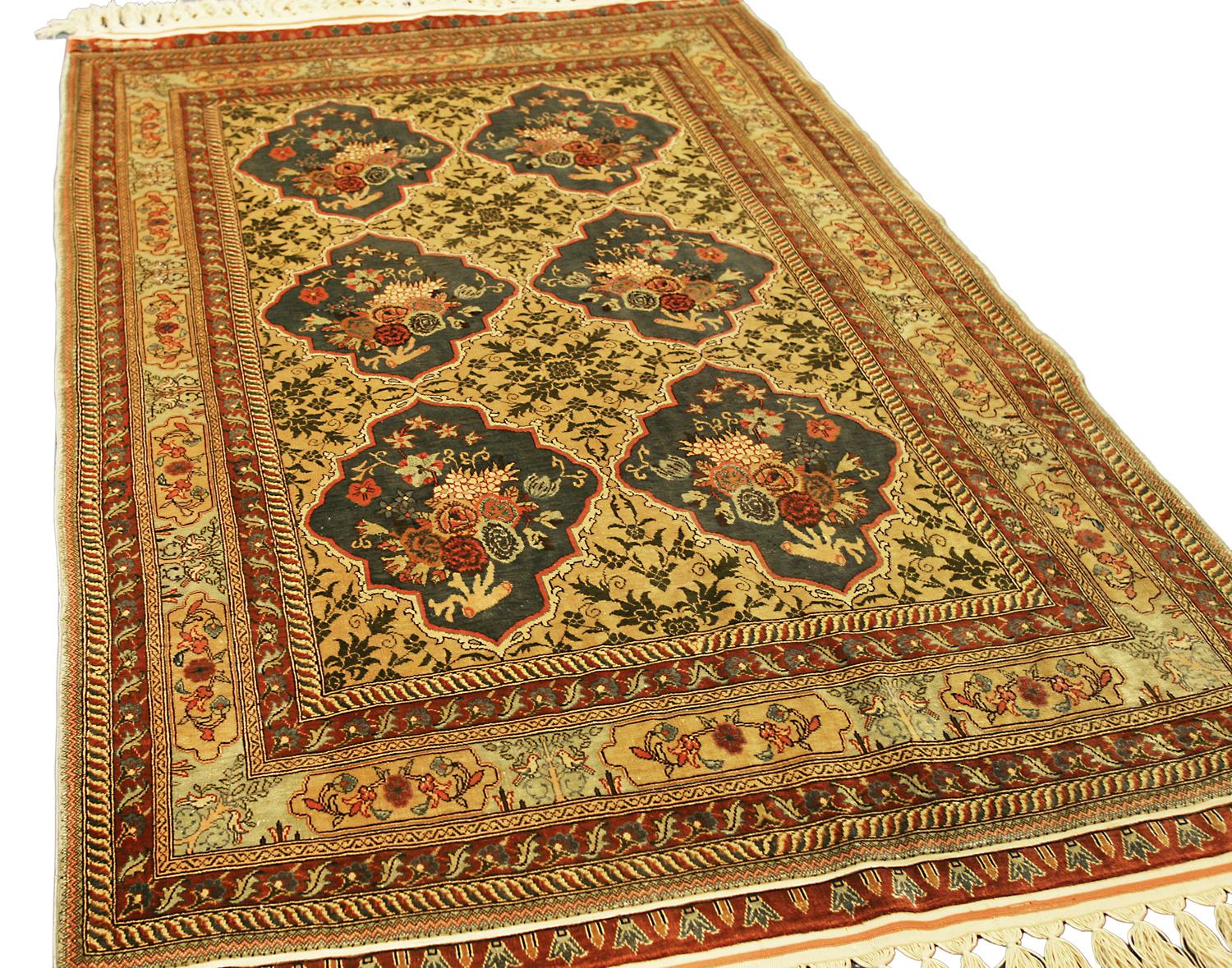 Hand-Knotted Turkish Hereke Silk & Metal Signed Rug, Garden of Paradise, 21st Century For Sale
