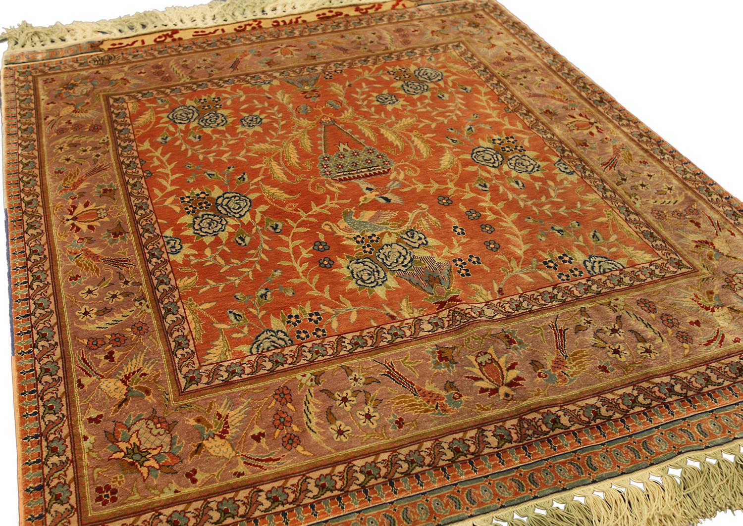 Hand-Knotted Turkish Hereke Silk & Metal Signed Rug with an All-Over Design, XXI Century For Sale