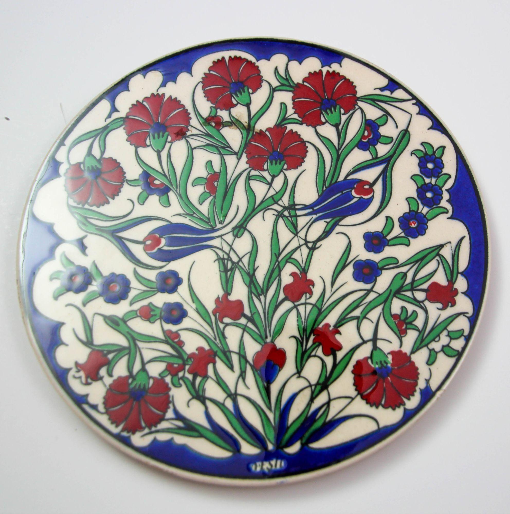 Turkish Iznik Style Ceramic Tiles Set of 3 For Sale 6