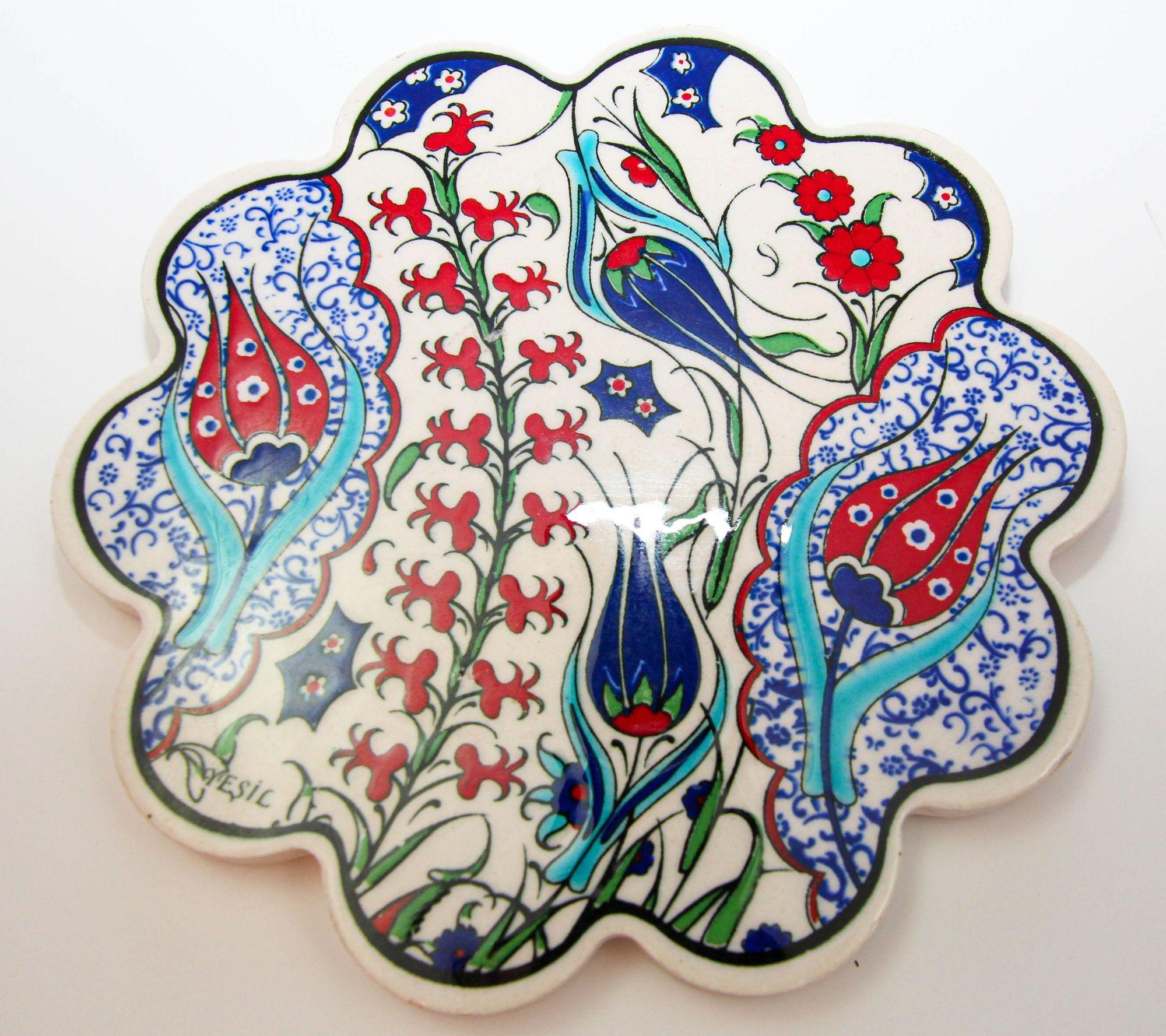 Hand-Crafted Turkish Iznik Style Ceramic Tiles Set of 3 For Sale