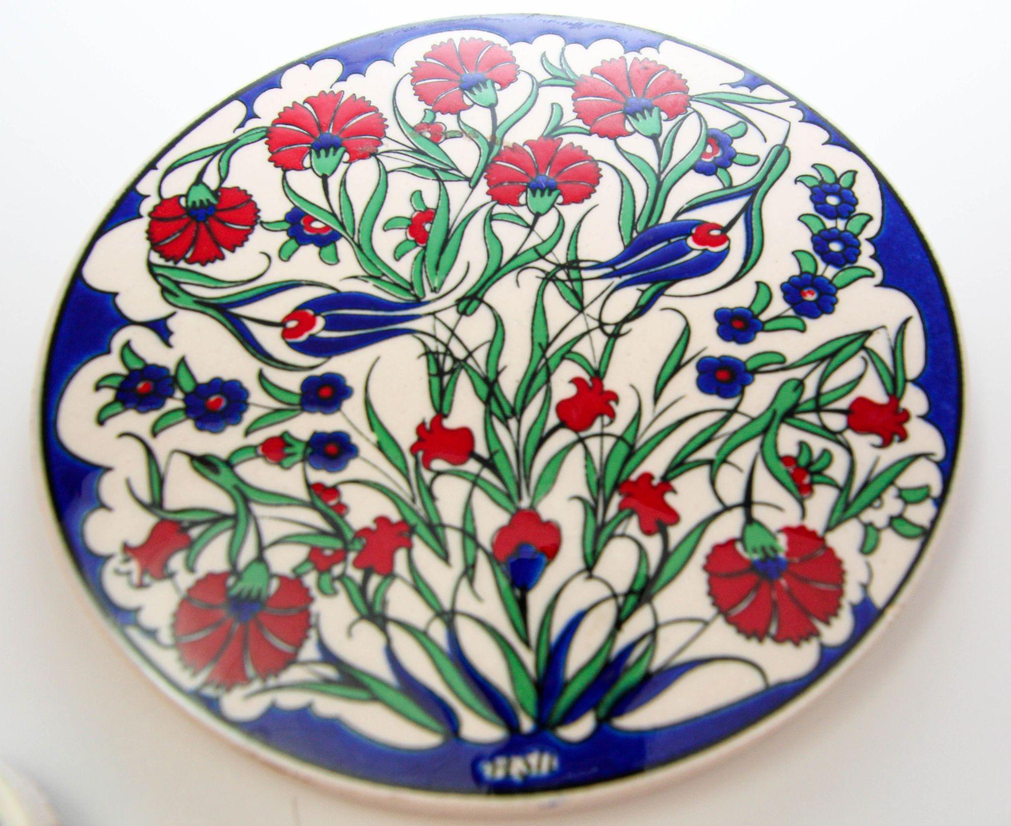 20th Century Turkish Iznik Style Ceramic Tiles Set of 3 For Sale