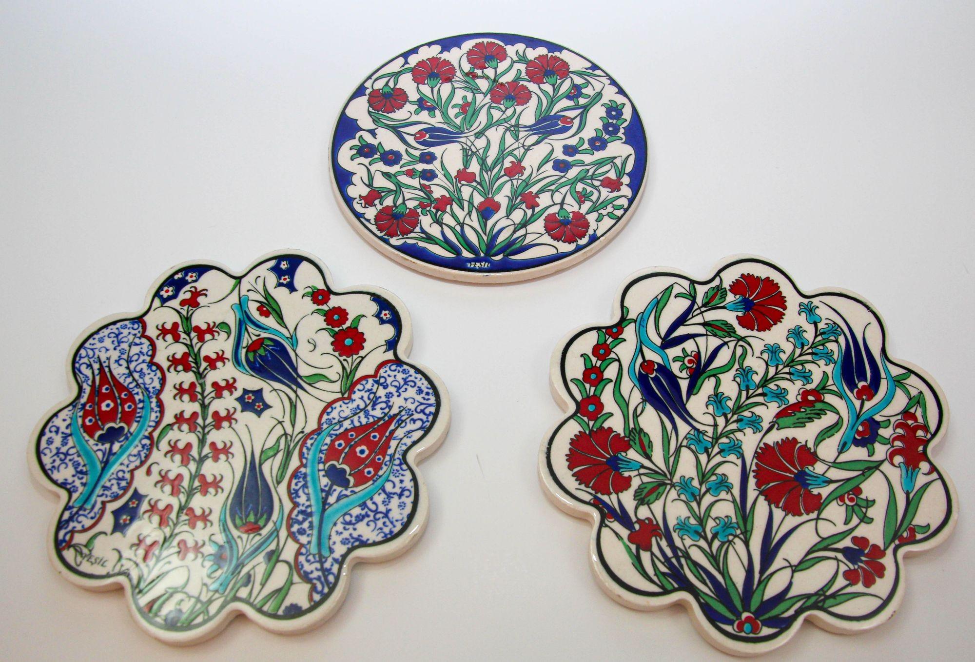Turkish Iznik Style Ceramic Tiles Set of 3 For Sale 2