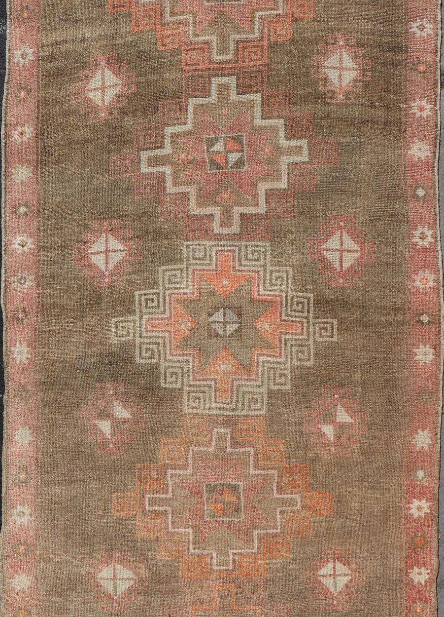 Turkish Kars Gallery Runner with Large Medallions in Red, Brown, Taupe, Tan For Sale 3