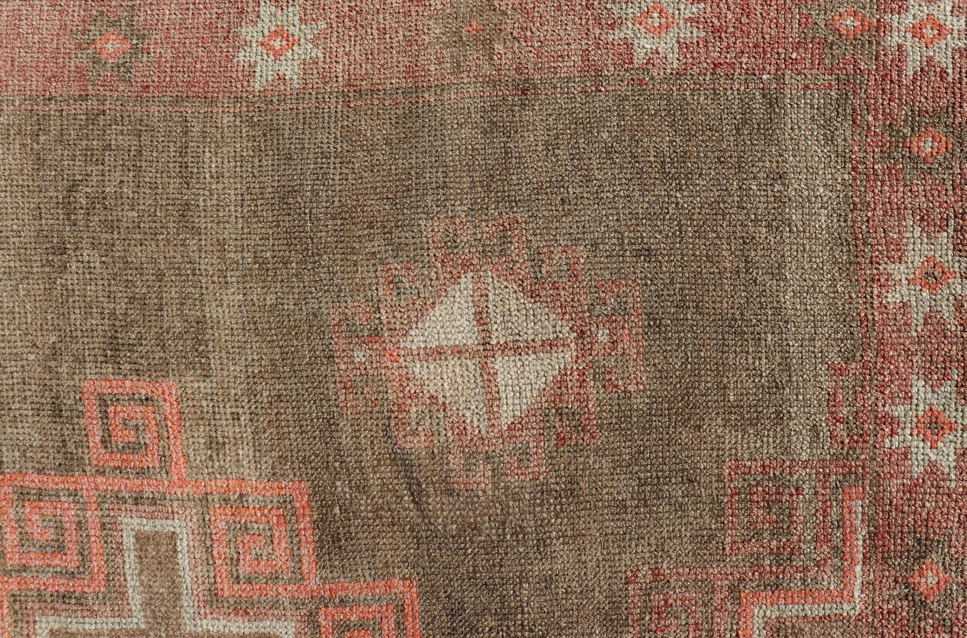 Hand-Knotted Turkish Kars Gallery Runner with Large Medallions in Red, Brown, Taupe, Tan For Sale