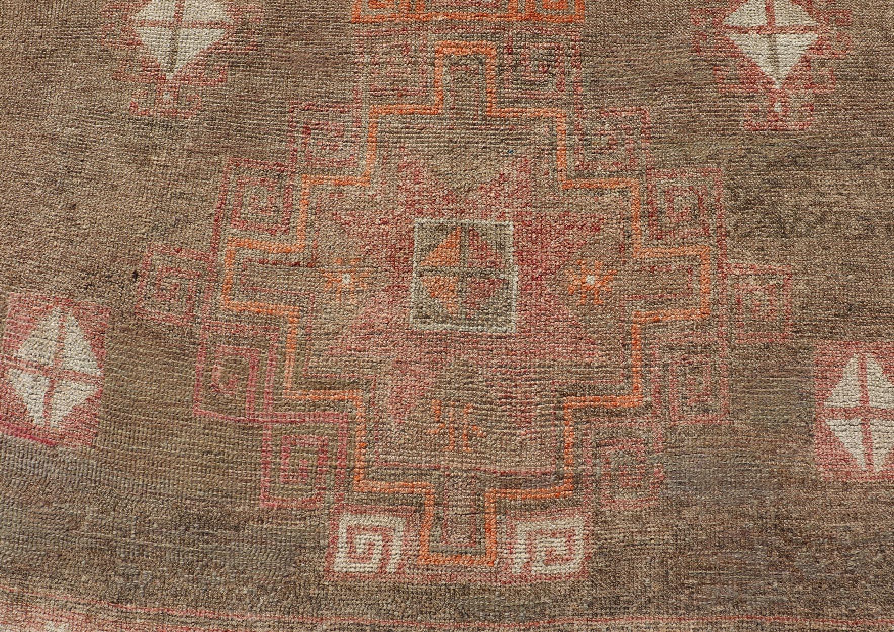 20th Century Turkish Kars Gallery Runner with Large Medallions in Red, Brown, Taupe, Tan For Sale