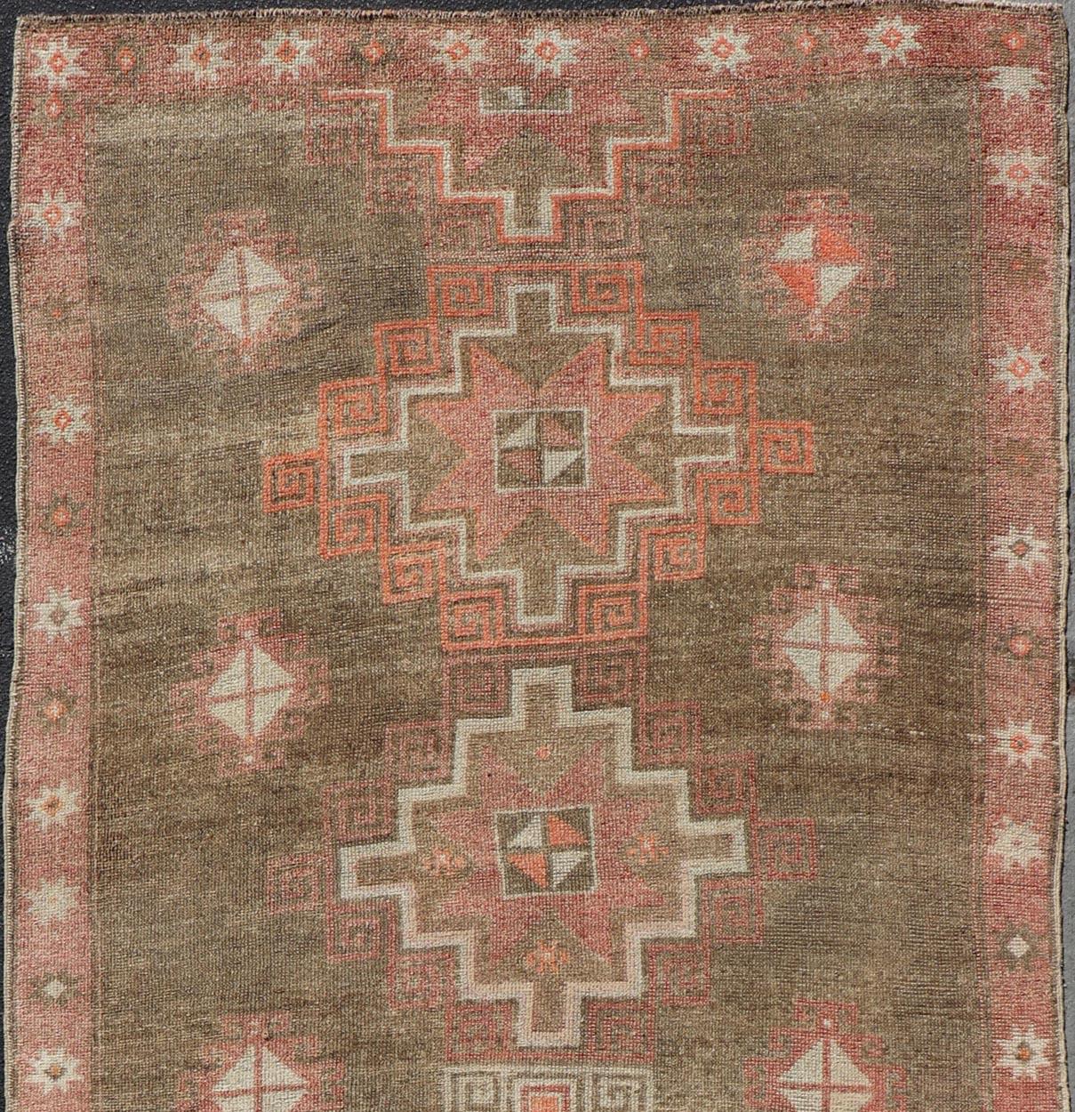 Turkish Kars Gallery Runner with Large Medallions in Red, Brown, Taupe, Tan For Sale 2