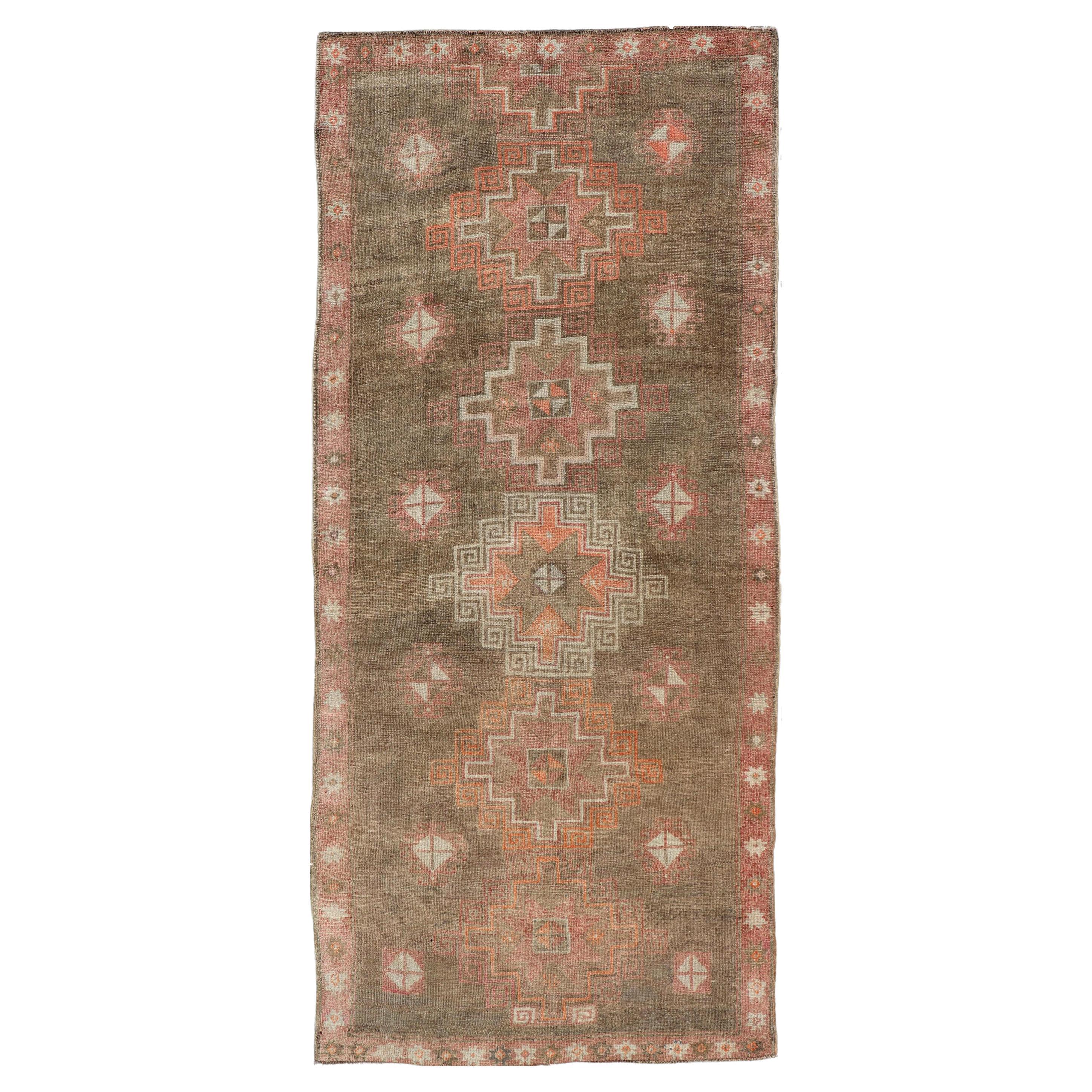 Turkish Kars Gallery Runner with Large Medallions in Red, Brown, Taupe, Tan For Sale