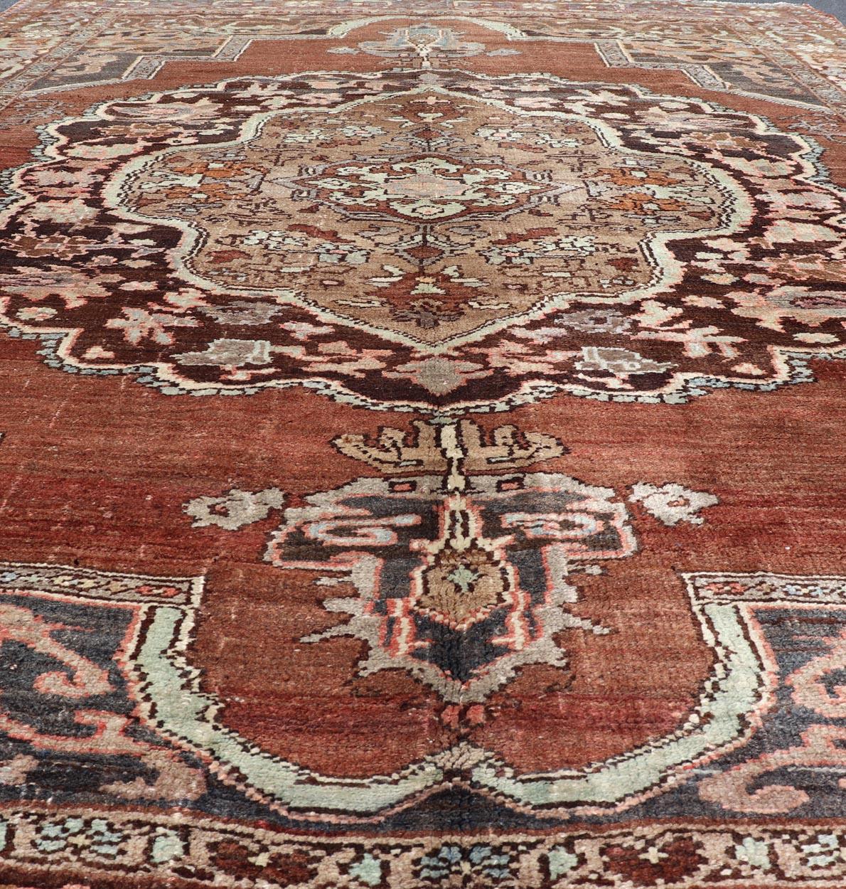 Wool Turkish Kars Rug with Floral Medallion Design in Brown and Earthy Tones  For Sale