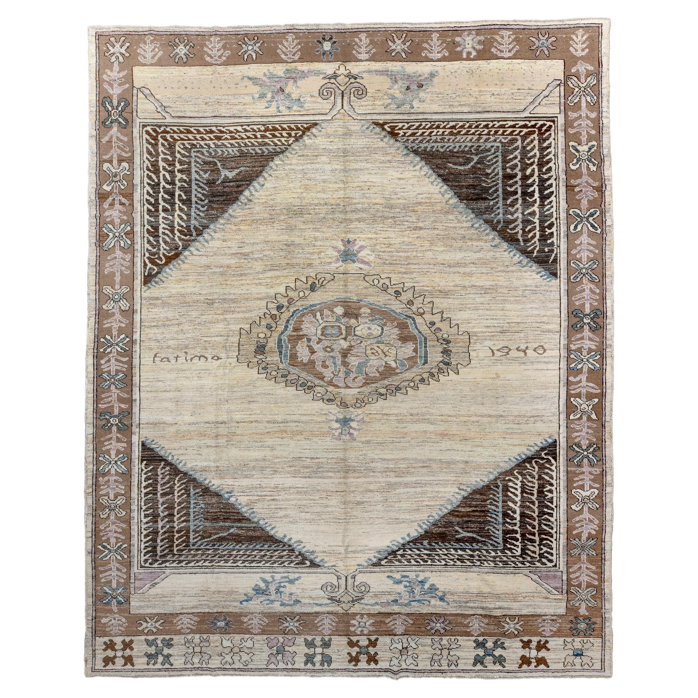 Turkish Kars Rug with Straw Field and Floating Medallion  For Sale
