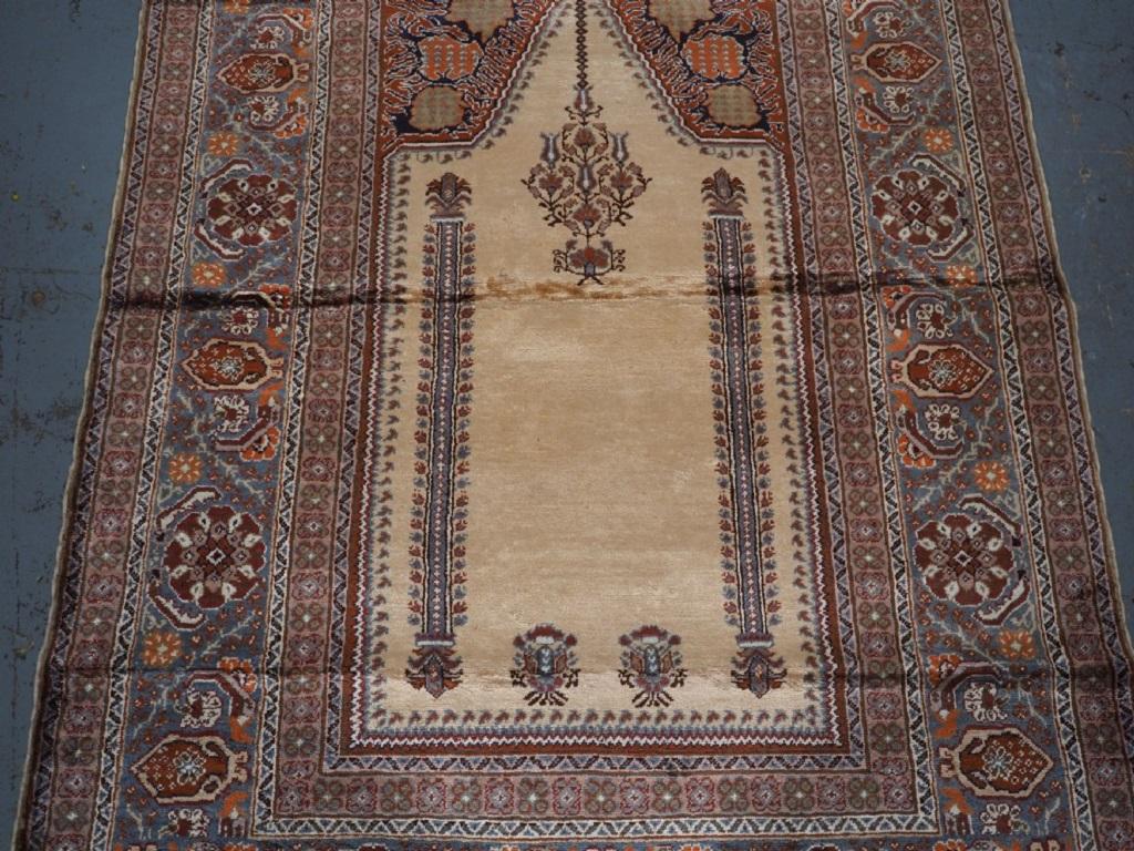 Antique Anatolian Kayseri 'art silk' prayer rug, beautifully drawn with a traditional Turkish mosque prayer design
Circa 1960

'Art Silk' is a widely accepted term for cotton that has been mercerised, this is a treatment process that strengthens the
