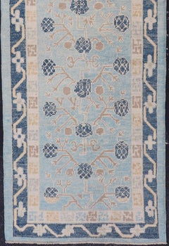 Turkish Khotan Designed Runner with Pomegranate Design in Cream, Tan and Blues