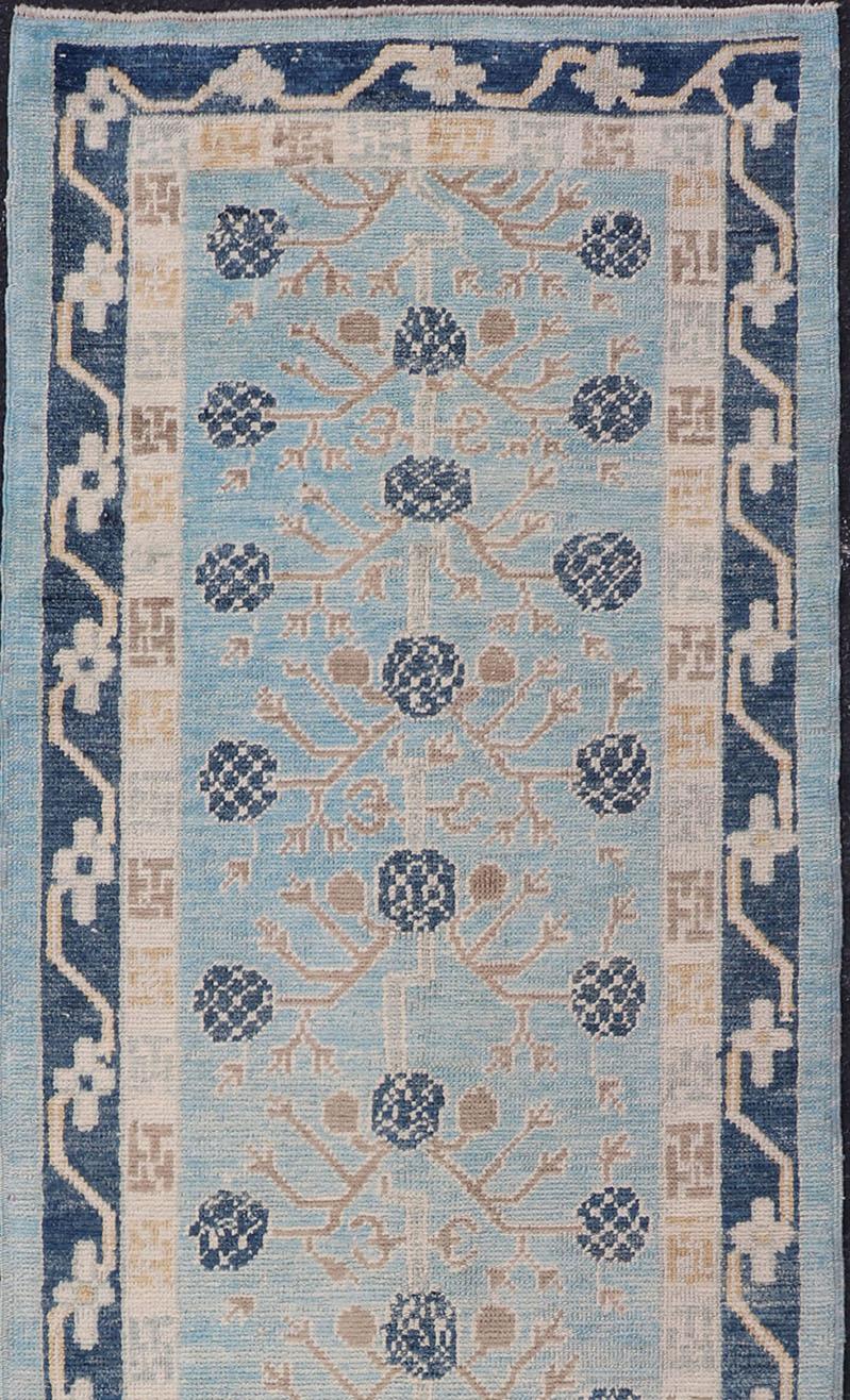Hand-Knotted Turkish Khotan Designed Runner with Pomegranate Design in Cream, Tan and Blues For Sale