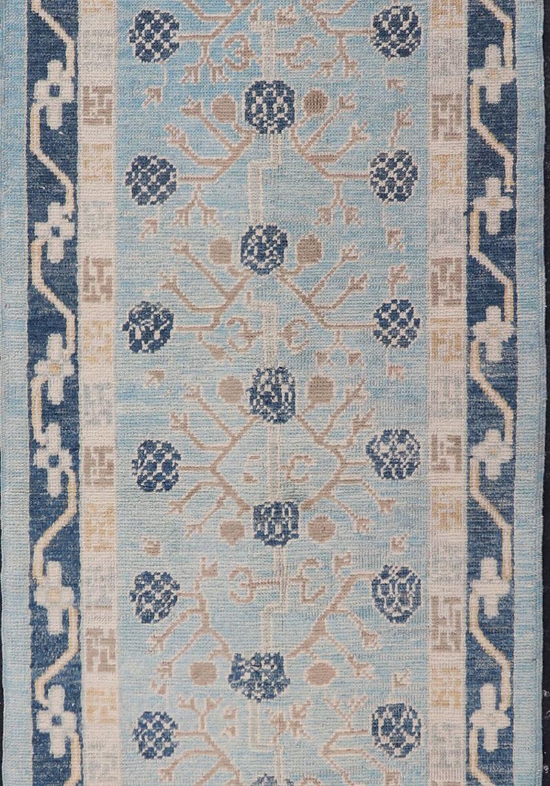 Turkish Khotan Designed Runner with Pomegranate Design in Cream, Tan and Blues In Excellent Condition For Sale In Atlanta, GA