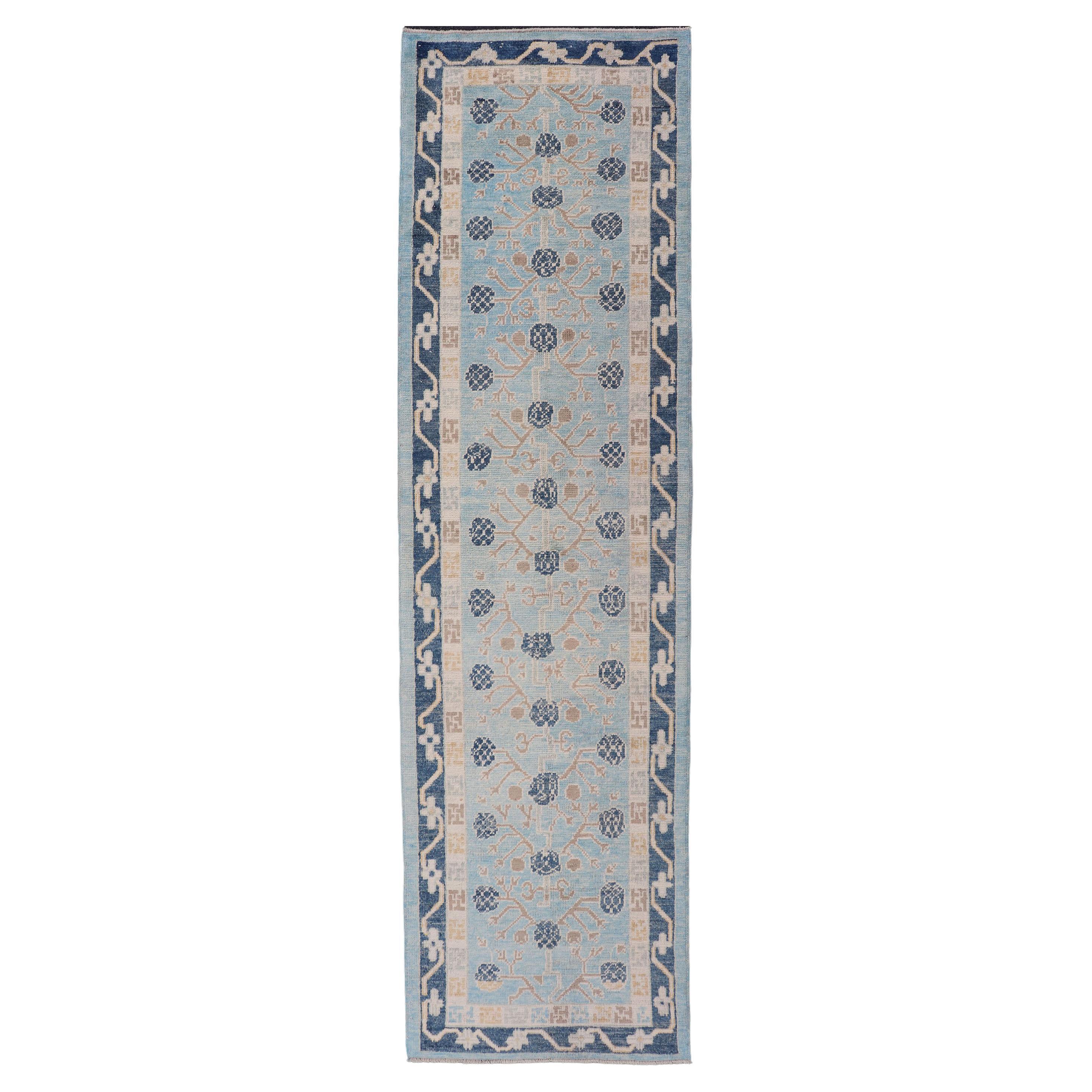 Turkish Khotan Designed Runner with Pomegranate Design in Cream, Tan and Blues