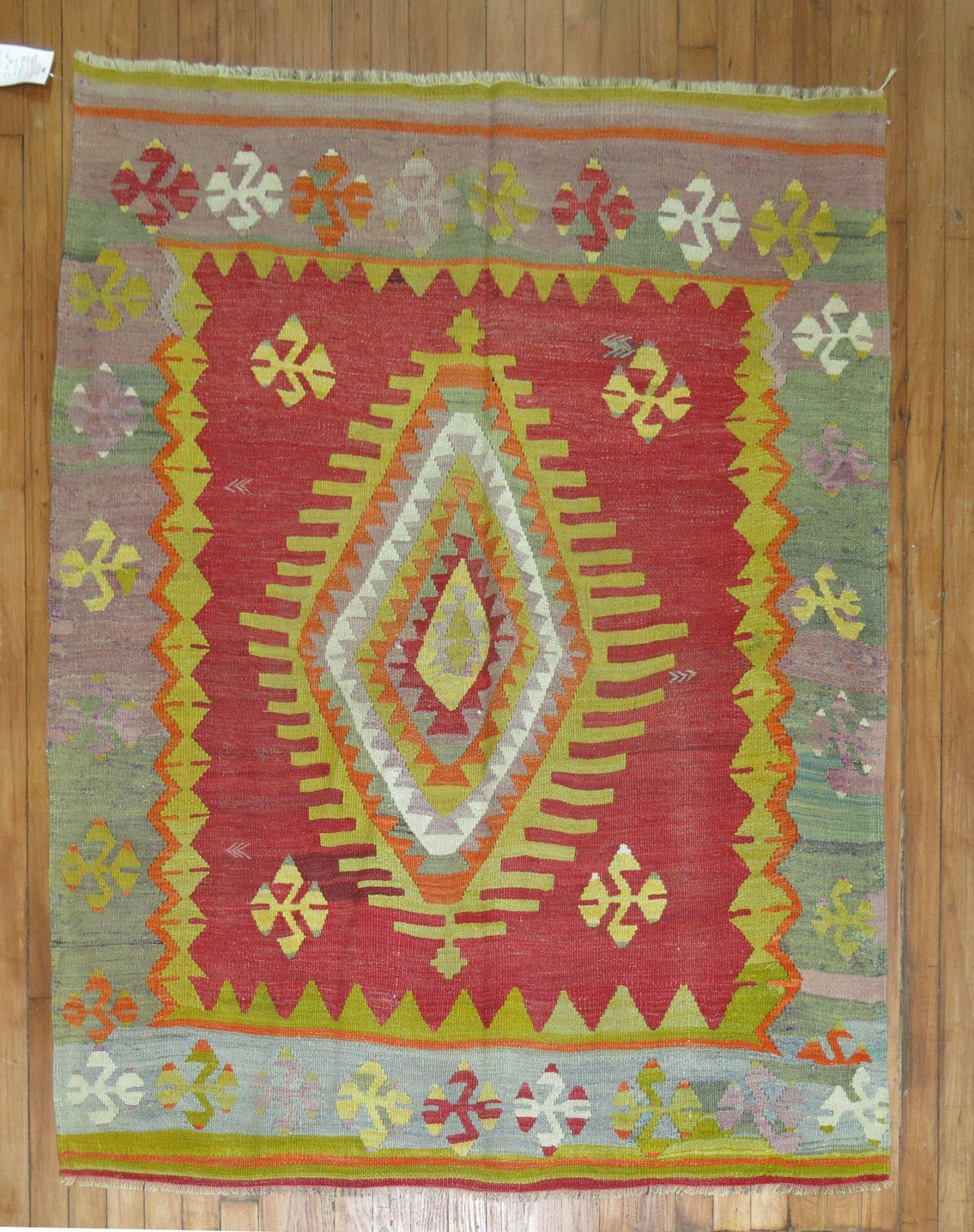 Tribal Turkish Kilim 20th Century Flat-Weave Colorful Rug For Sale