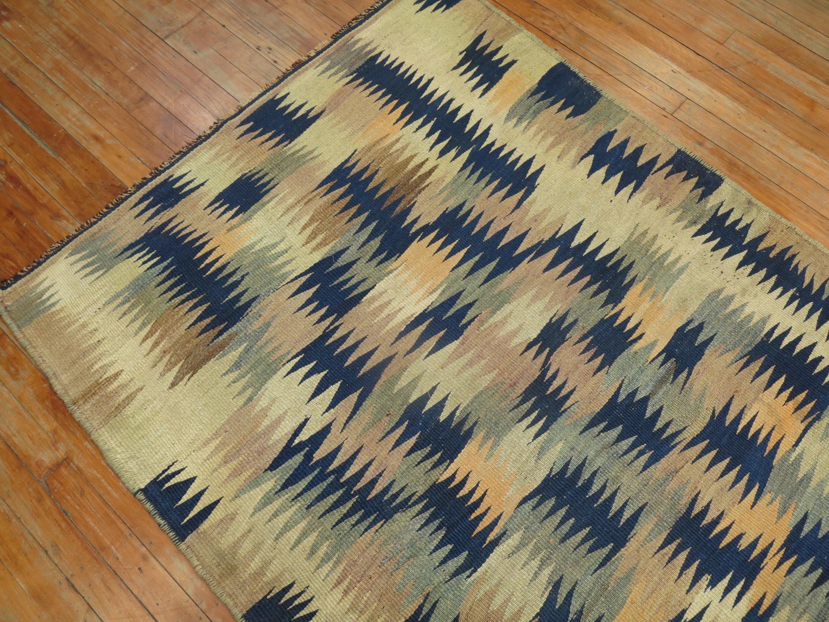 Hand Knotted Turkish Kilim in Beige Blue In Good Condition For Sale In New York, NY
