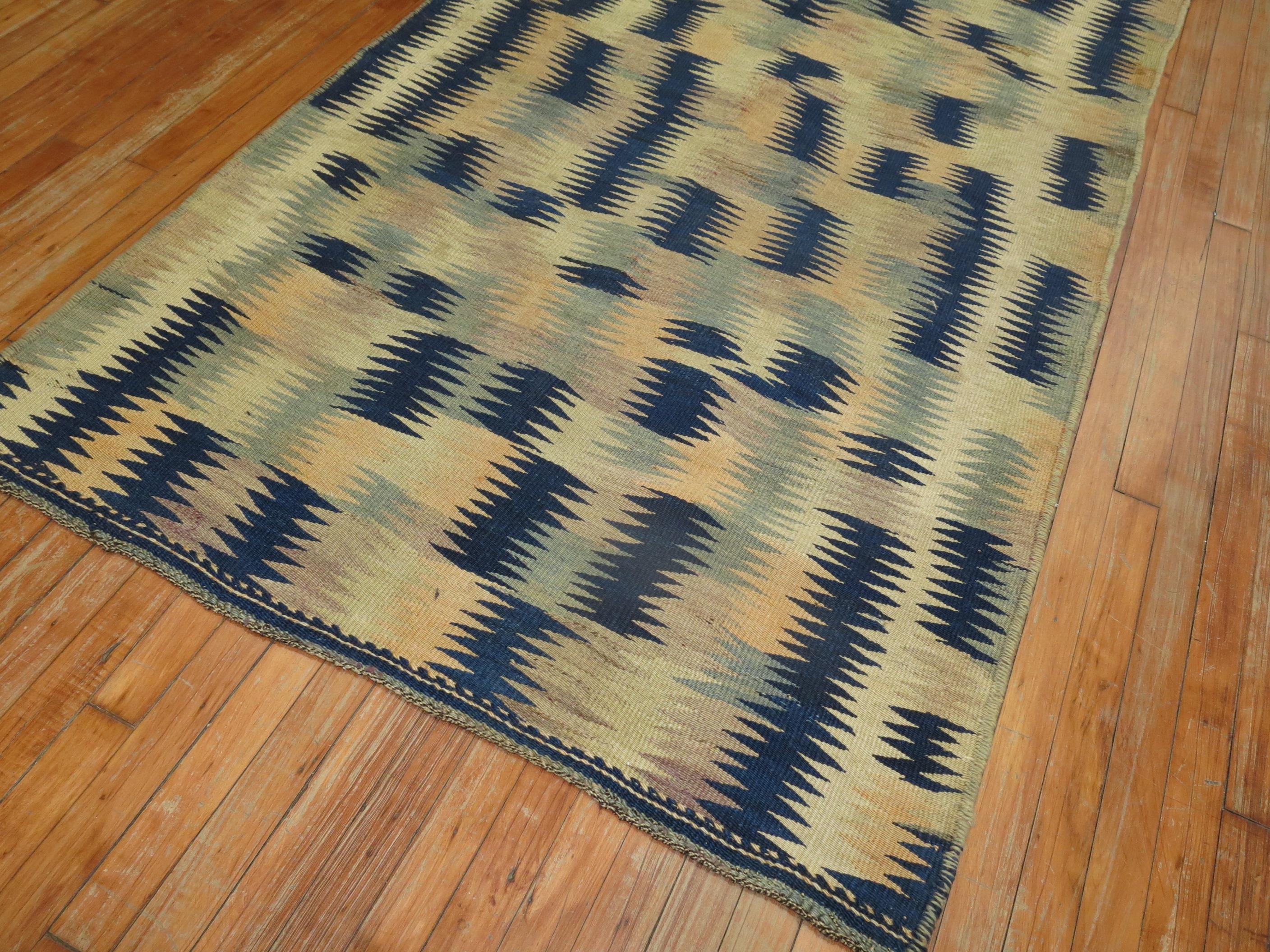 Wool Hand Knotted Turkish Kilim in Beige Blue For Sale