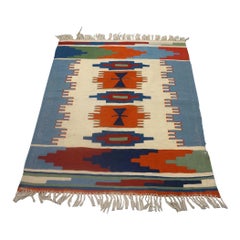 Turkish Kilim Flatweave Wool 3x5 Ivory & Blue Handmade Area Rug