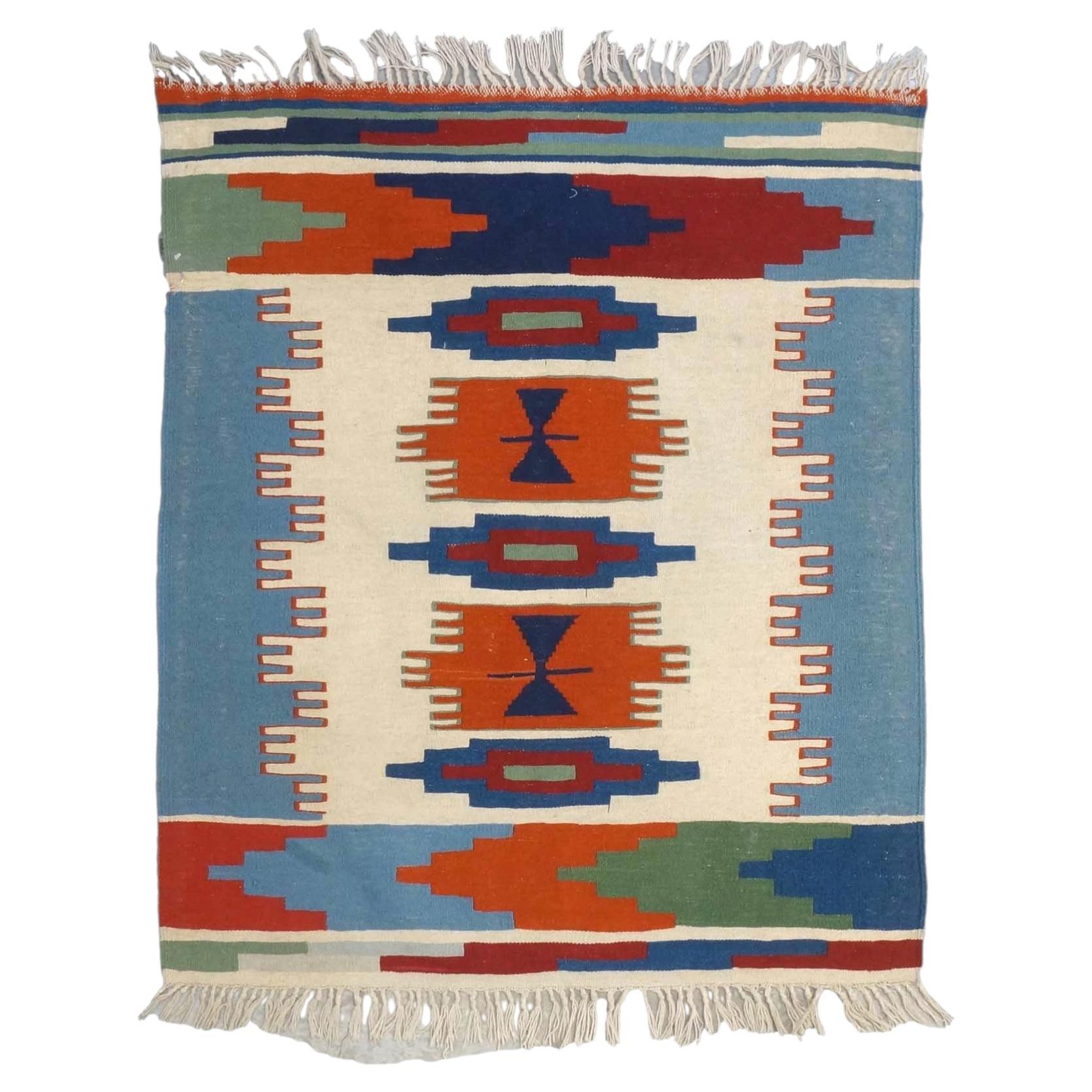 Turkish Kilim Flatweave Wool 3x5 Ivory & Blue Handmade Area Rug