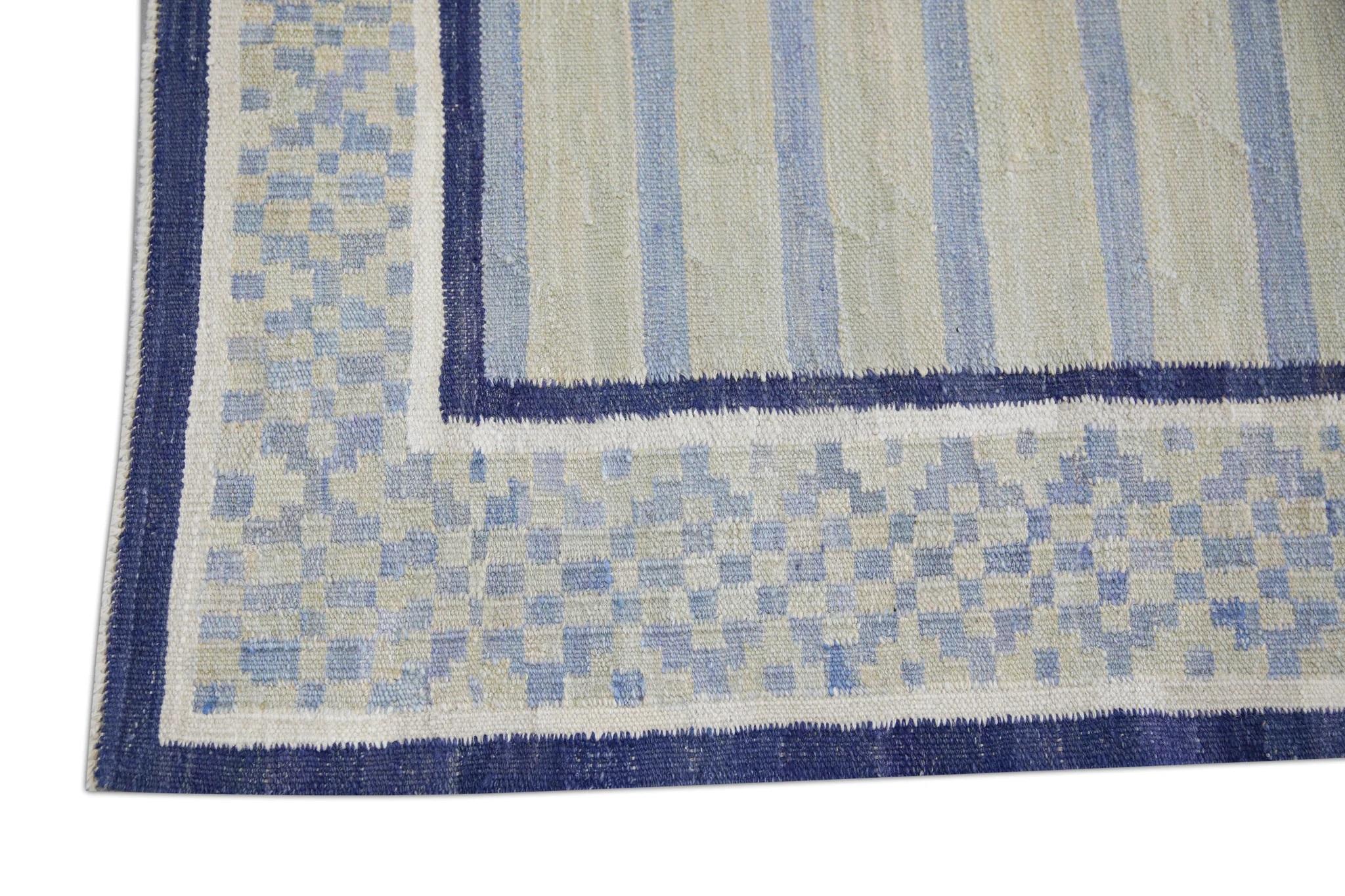 Alfombra Turca Kilim Verde y Azul de Lana Tejida a Mano 3' X 12' Moderno en venta