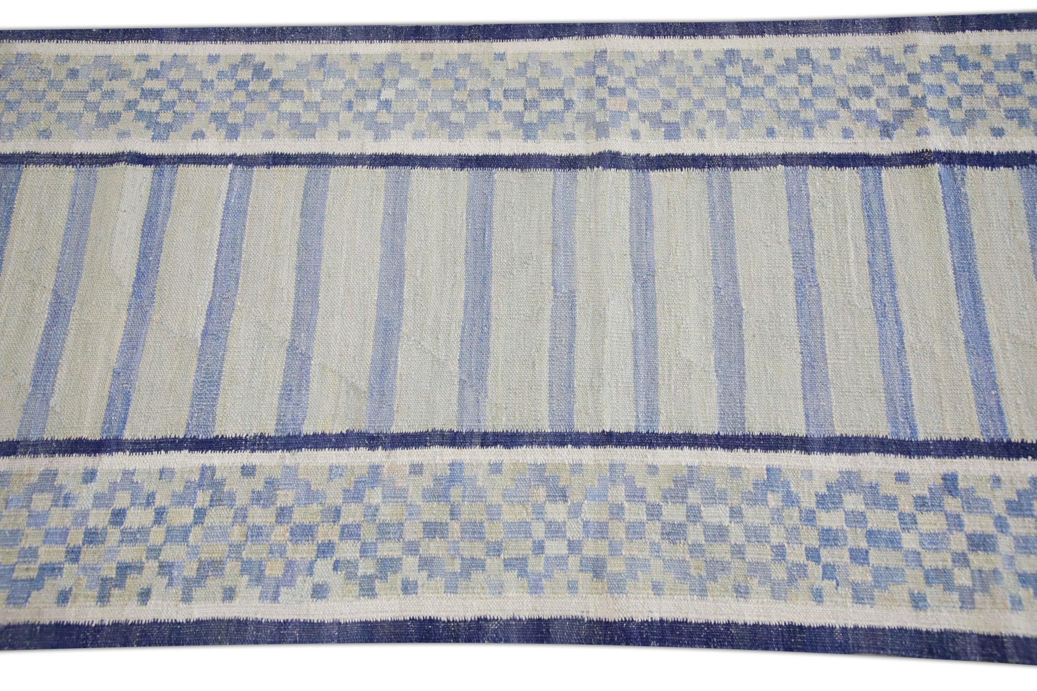 Alfombra Turca Kilim Verde y Azul de Lana Tejida a Mano 3' X 12' Tejido a mano en venta