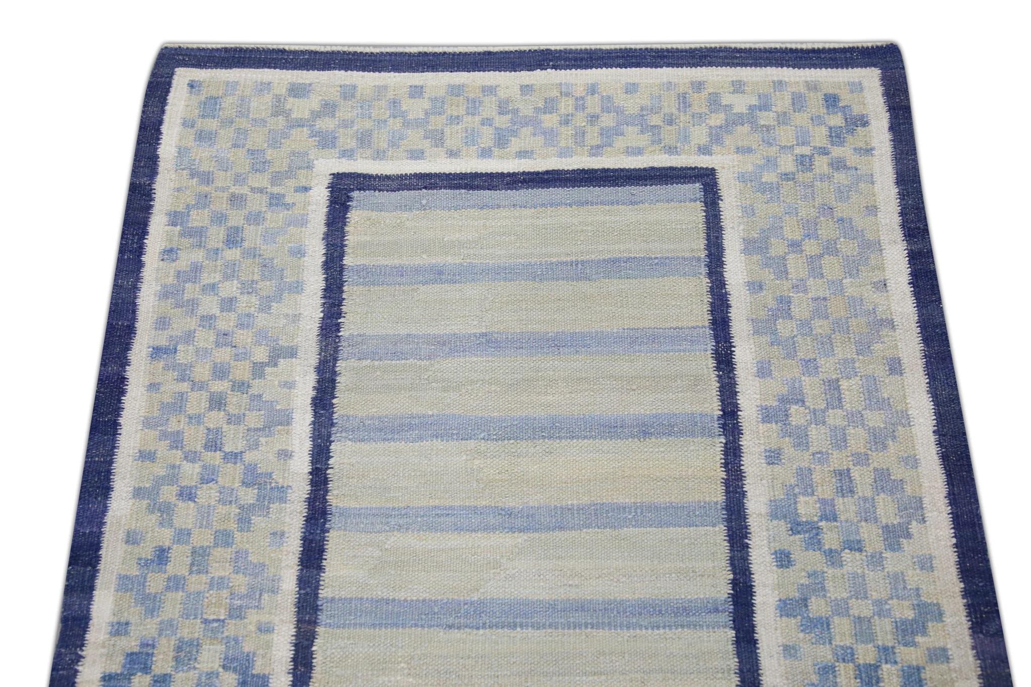 Alfombra Turca Kilim Verde y Azul de Lana Tejida a Mano 3' X 12' en Nuevo estado para la venta en Houston, TX
