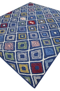 Türkischer handgewebter Flachgewebe-Teppich aus Kelim in Blau, mehrfarbig, 8'11" X 10'5"