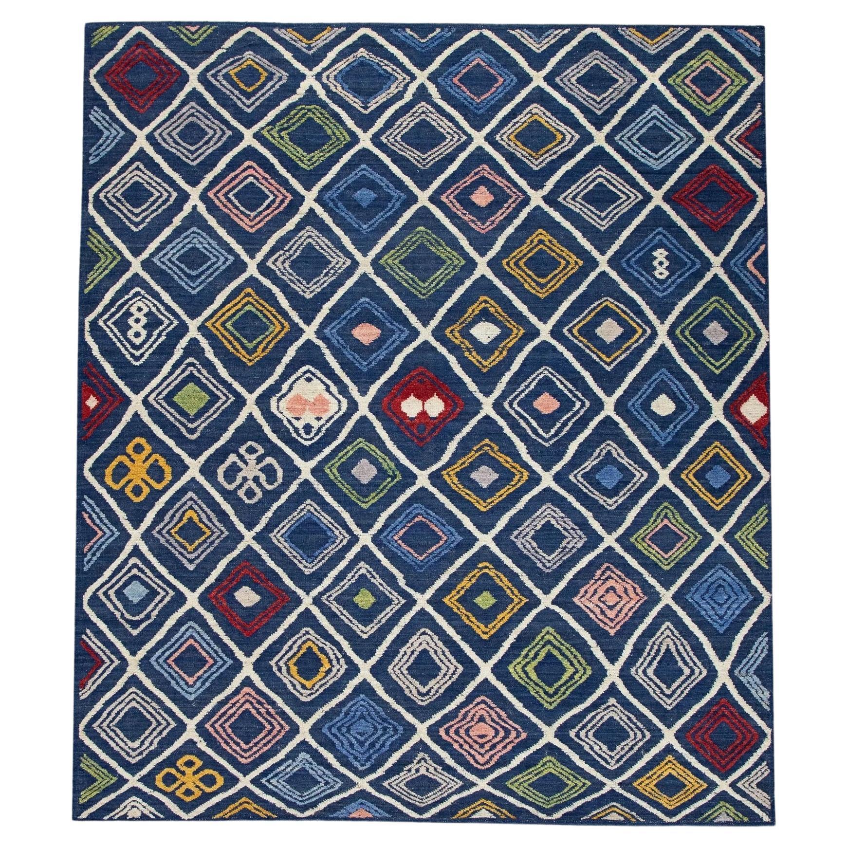 Turkish Kilim Handwoven Flatweave Rug in Blue Multicolor 8'11" X 10'5" For Sale