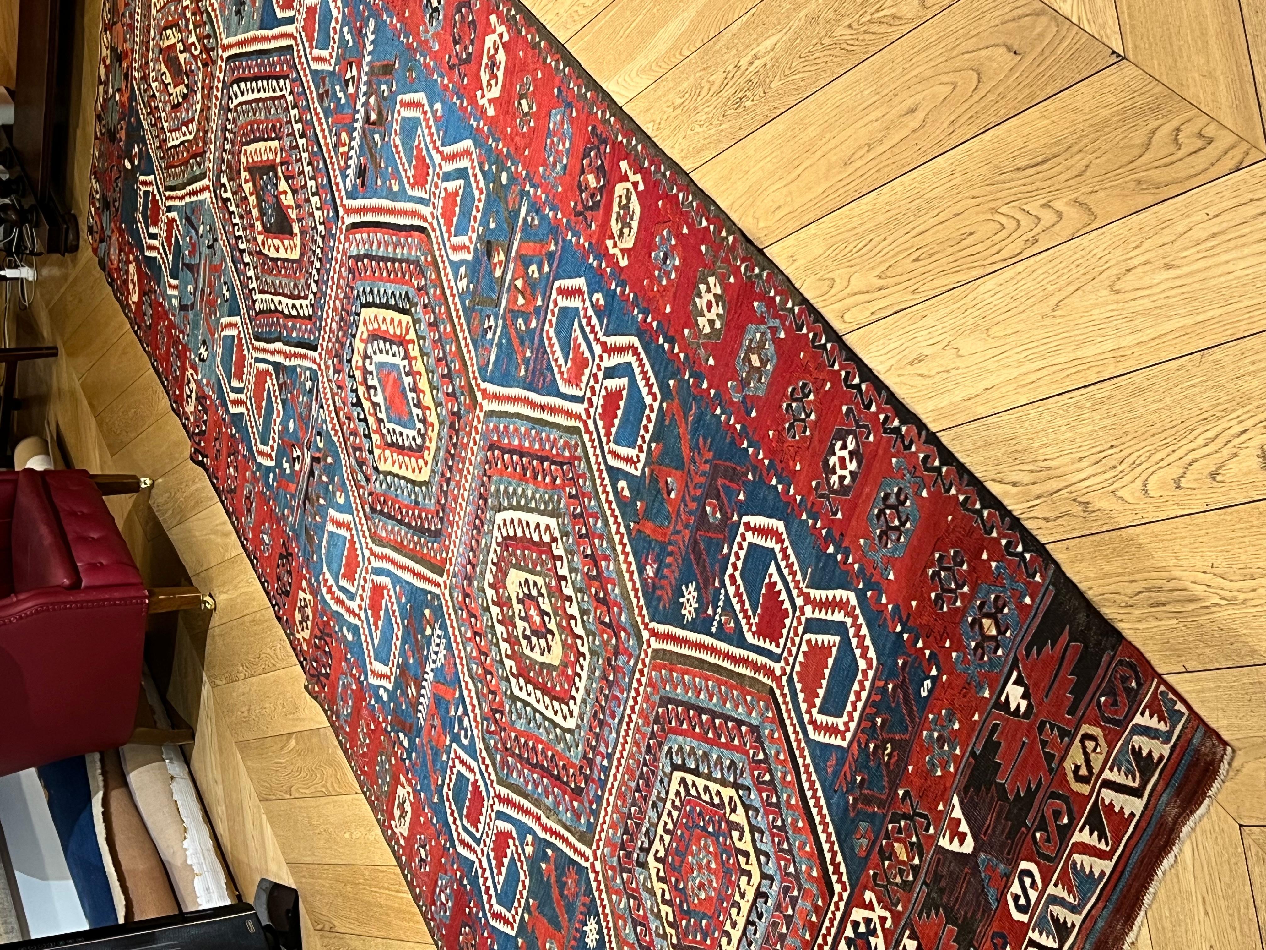 Turkish Kilim Konia Light Blue Background Decorated with Ram's Horn For Sale 4