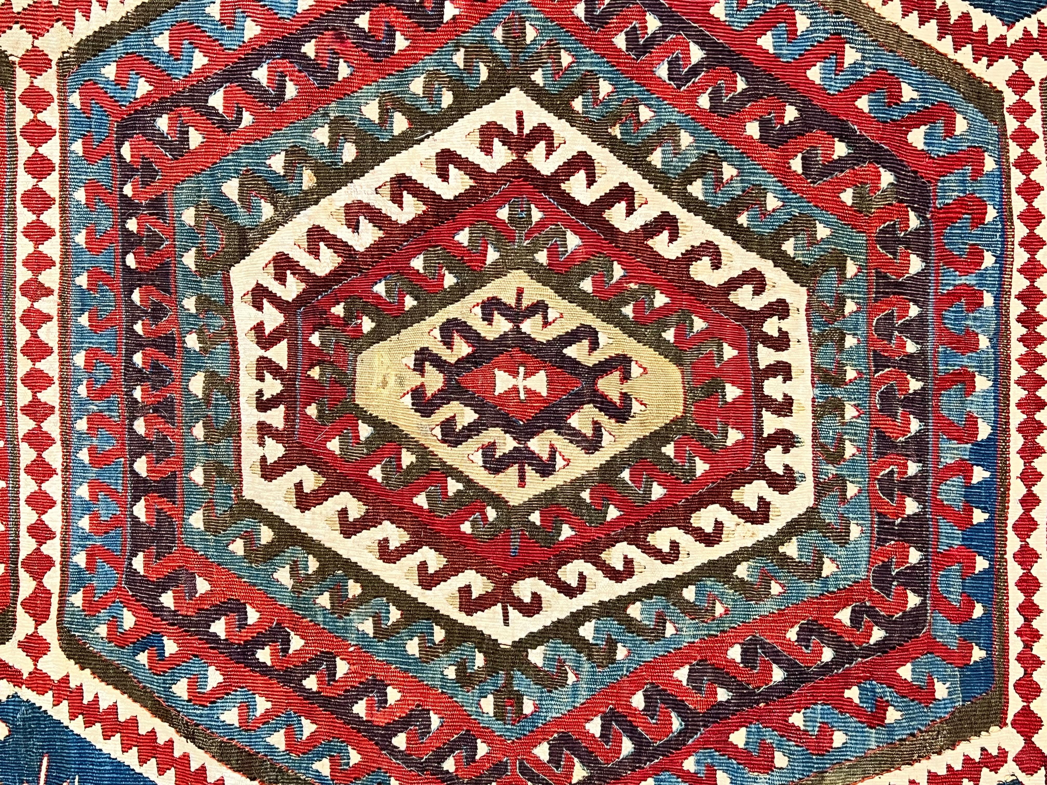 Hand-Woven Turkish Kilim Konia Light Blue Background Decorated with Ram's Horn For Sale