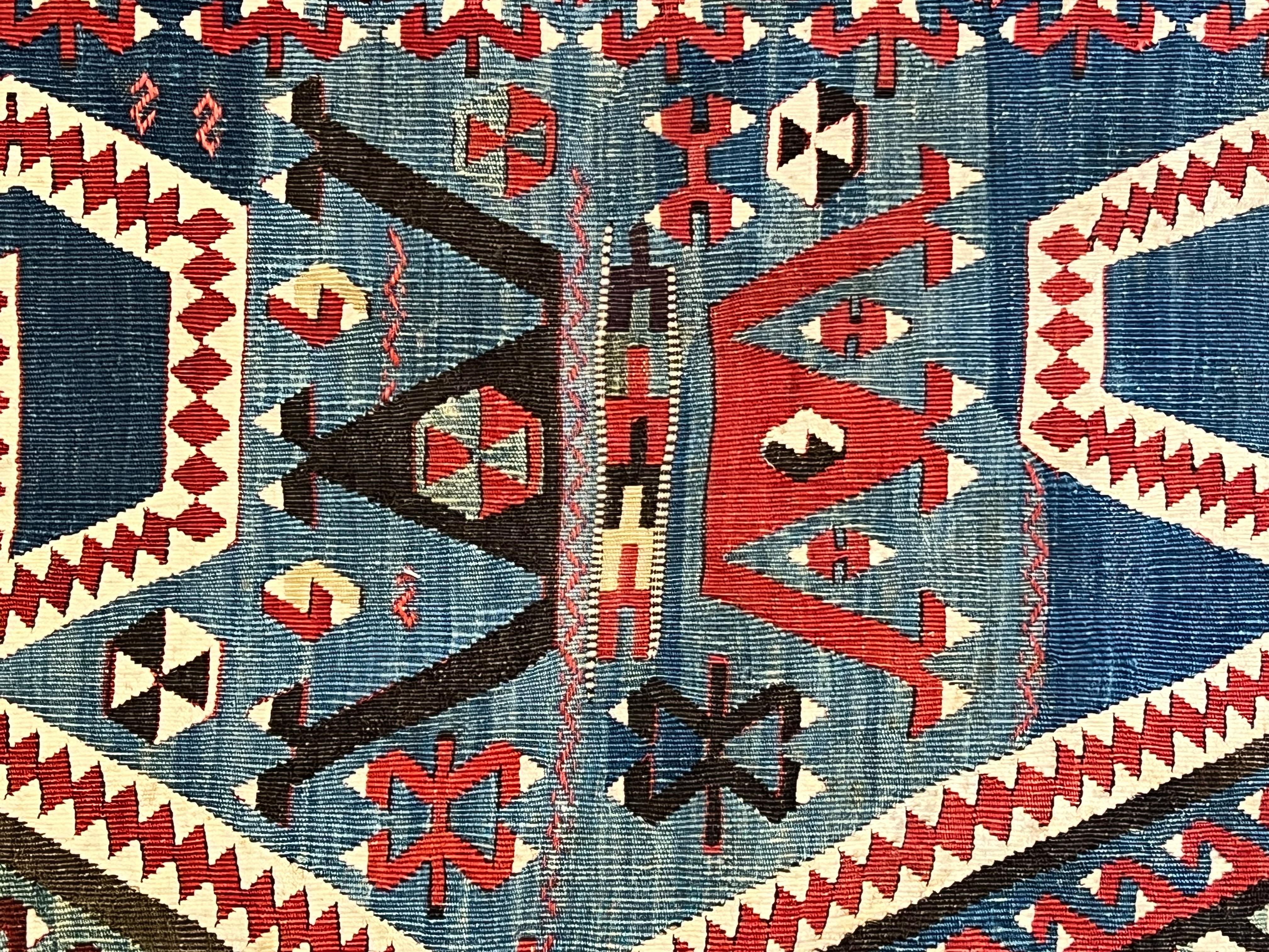 Late 19th Century Turkish Kilim Konia Light Blue Background Decorated with Ram's Horn For Sale