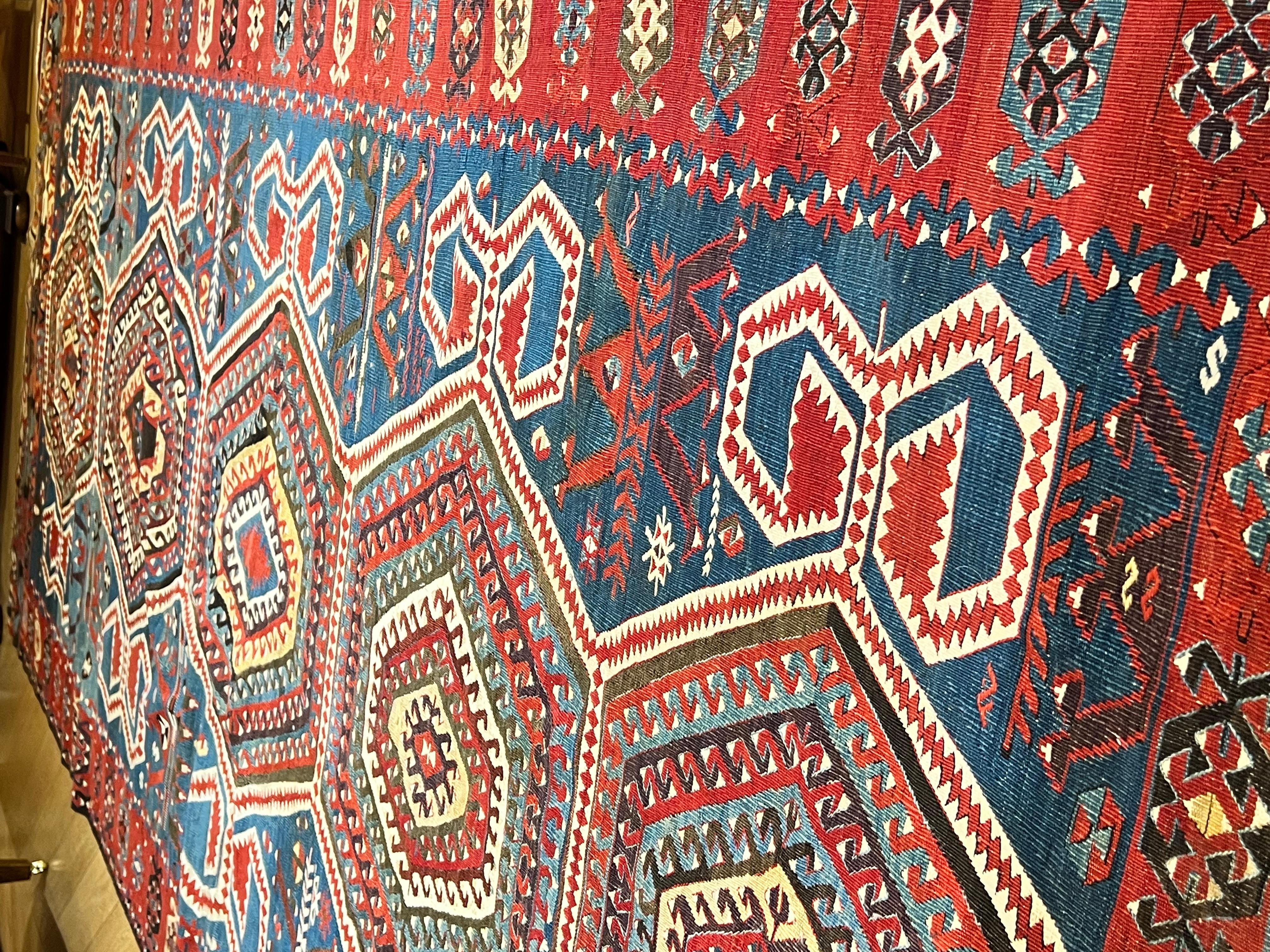 Turkish Kilim Konia Light Blue Background Decorated with Ram's Horn For Sale 2