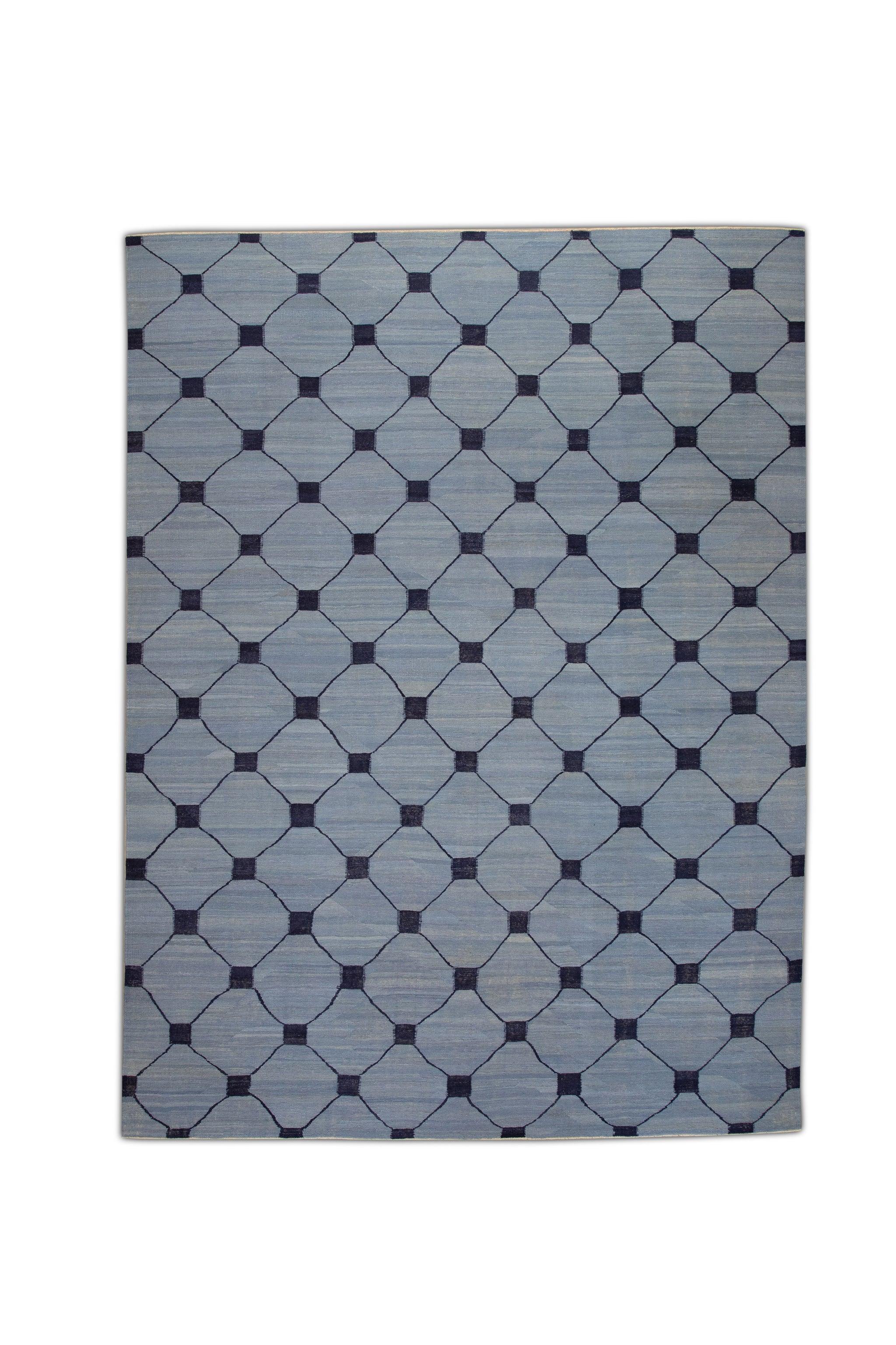 Türkischer Kilim-Teppich Blau Marine Geometrisch Wolle Flachgewebe 10'5
