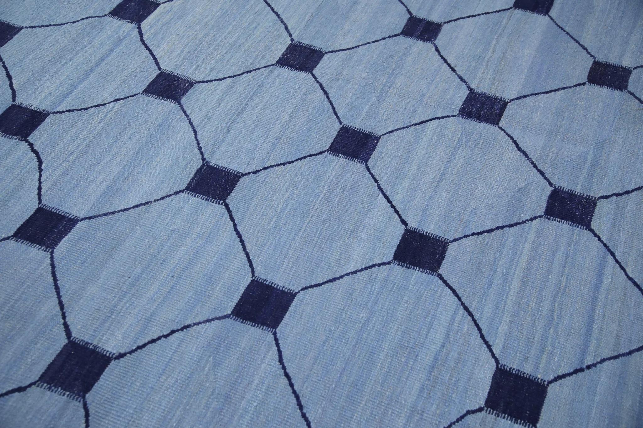 Türkischer Kilim-Teppich Blau Marine Geometrisch Wolle Flachgewebe 10'5