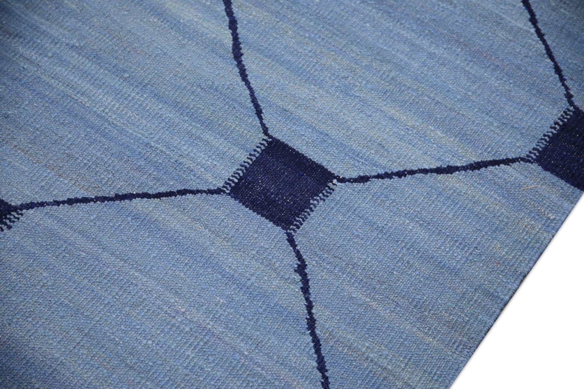 Türkischer Kilim-Teppich Blau Marine Geometrisch Wolle Flachgewebe 10'5