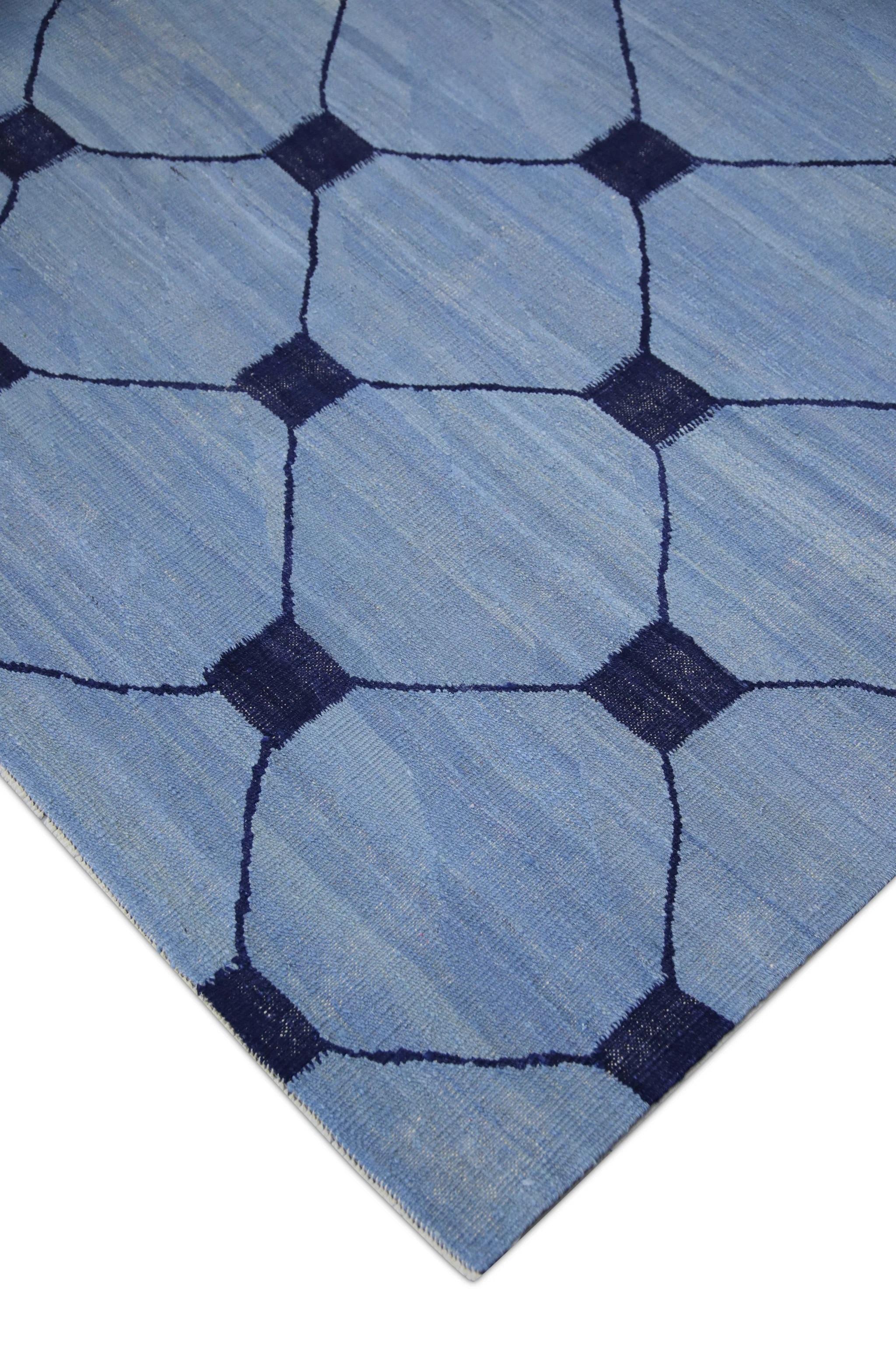 Türkischer Kilim-Teppich Blau Marine Geometrisch Wolle Flachgewebe 10'5