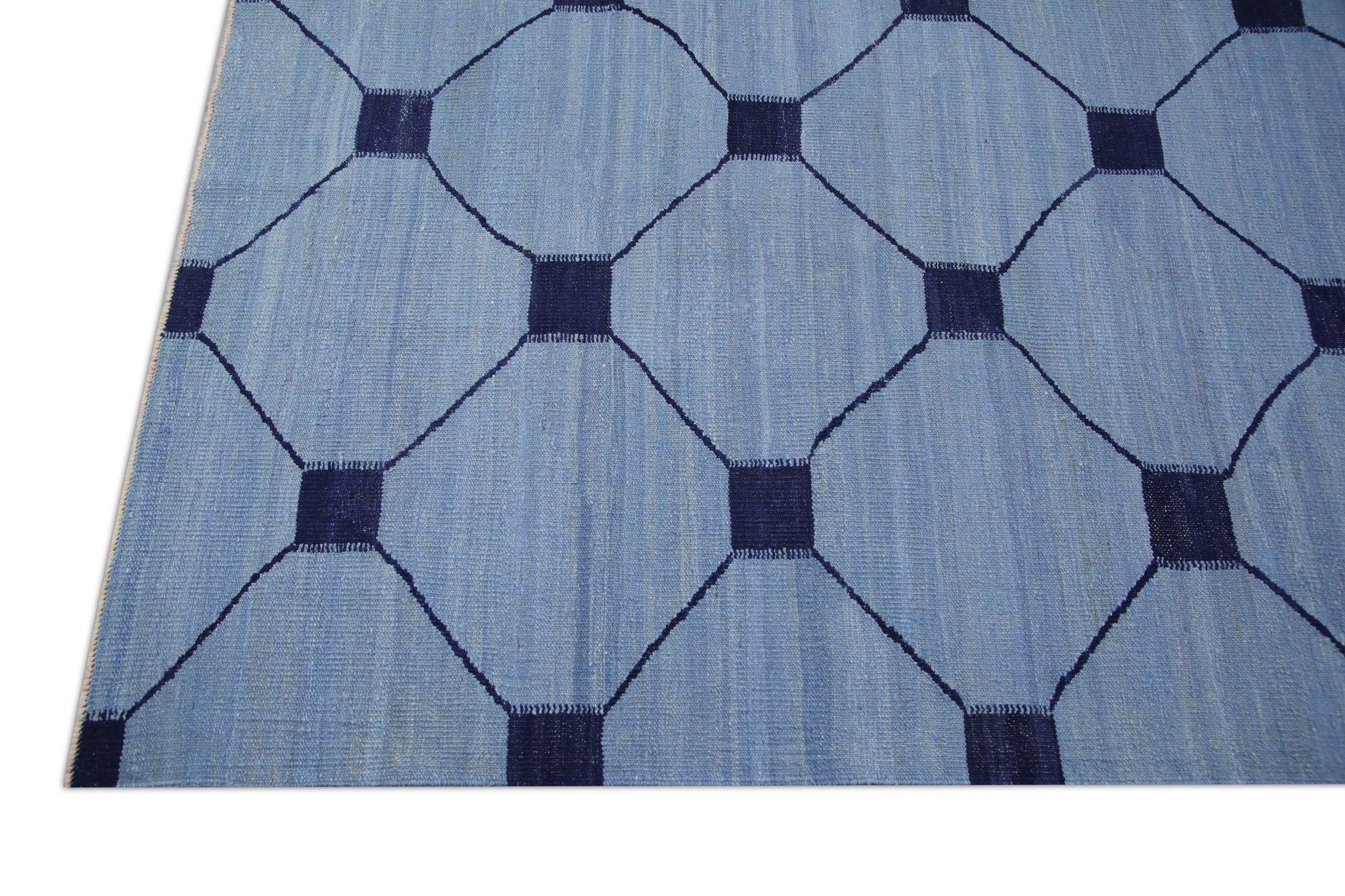 Türkischer Kilim-Teppich Blau Marine Geometrisch Wolle Flachgewebe 10'5